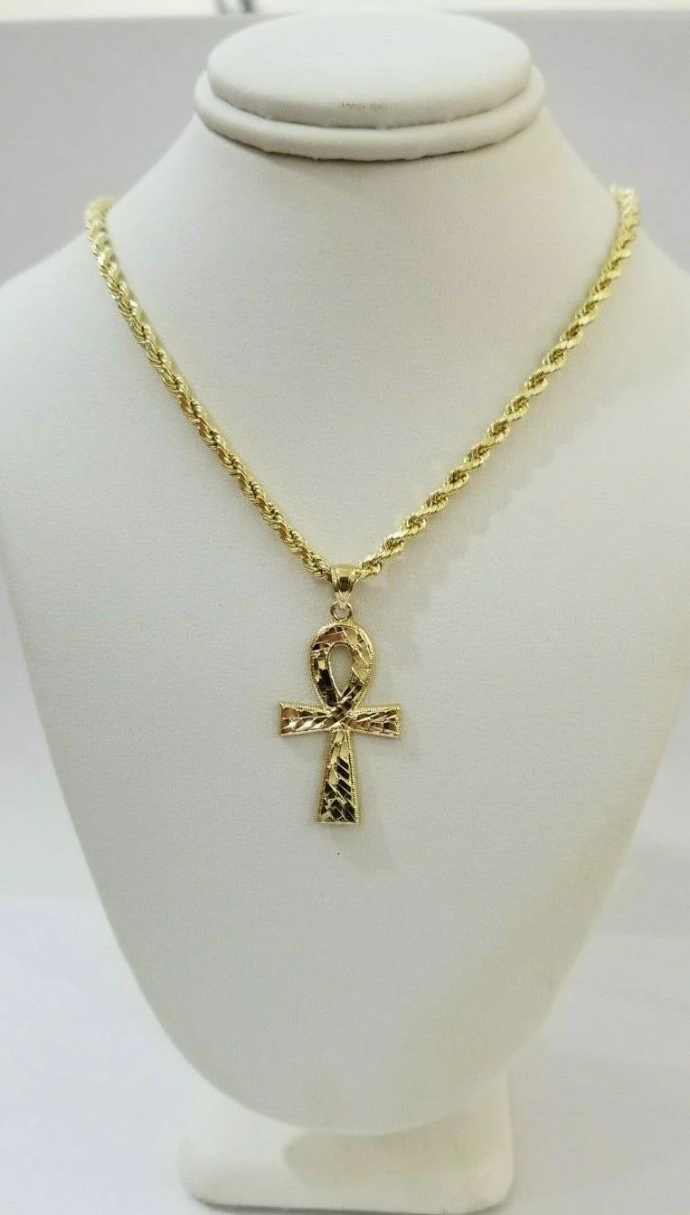 REAL 10k Yellow Gold Rope Chain Ankh Cross Charm Pendant 3mm Necklace Set 16-28" - Image 7