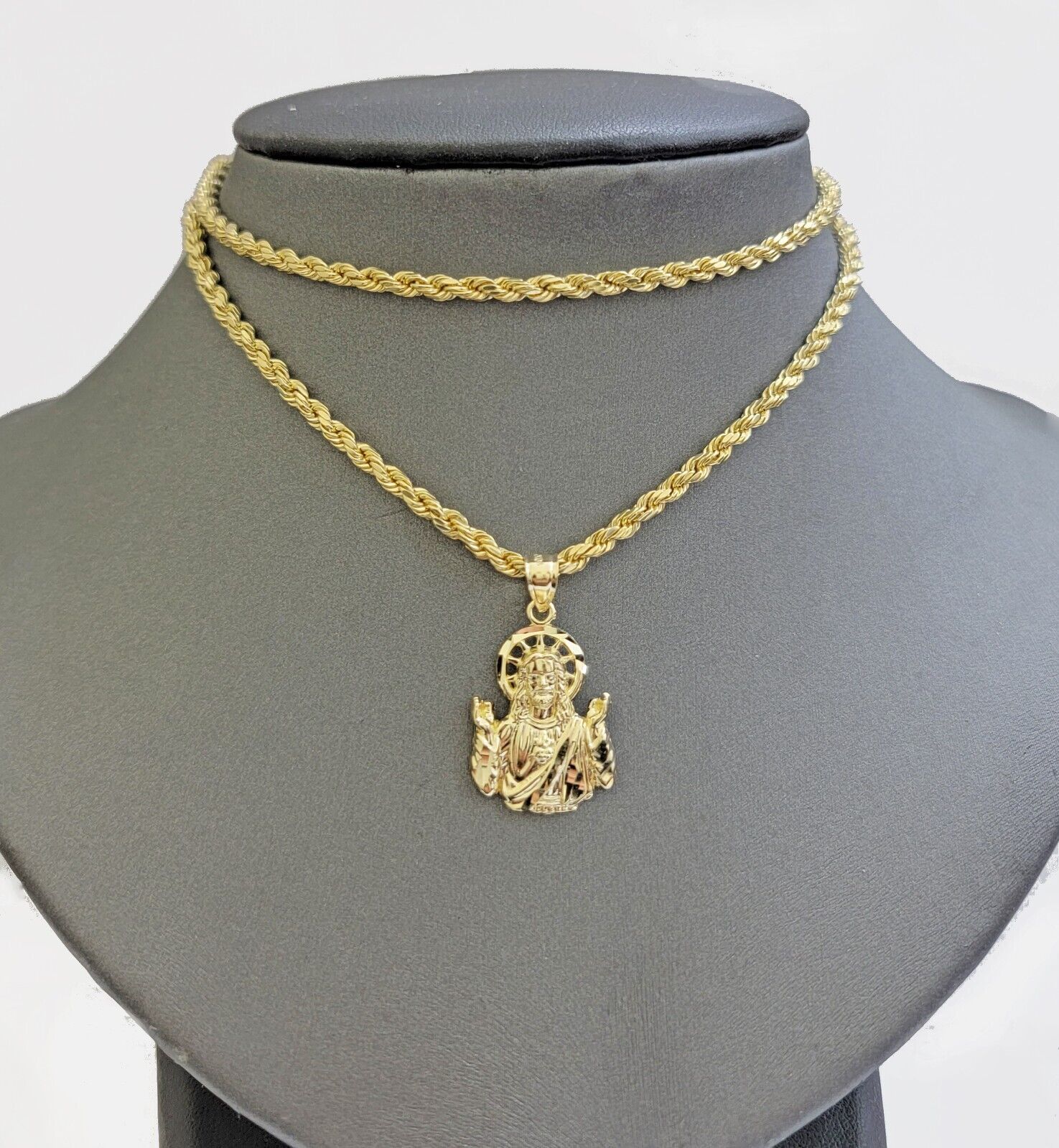 Real 10k Yellow Gold Rope Chain Charm Jesus Head Pendant SET 3mm Necklace - Image 6