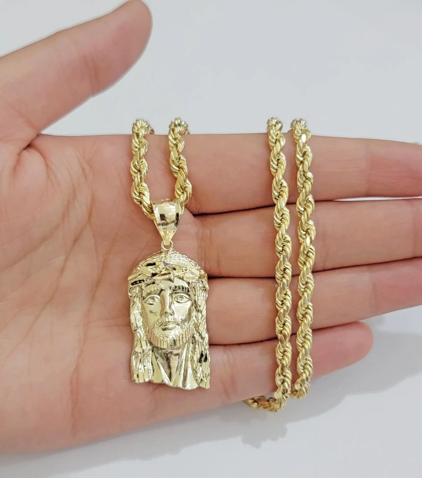 Real 10k Yellow Gold Rope Chain Jesus Charm Pendant SET 4mm 18-28 inch Necklace - Image 2