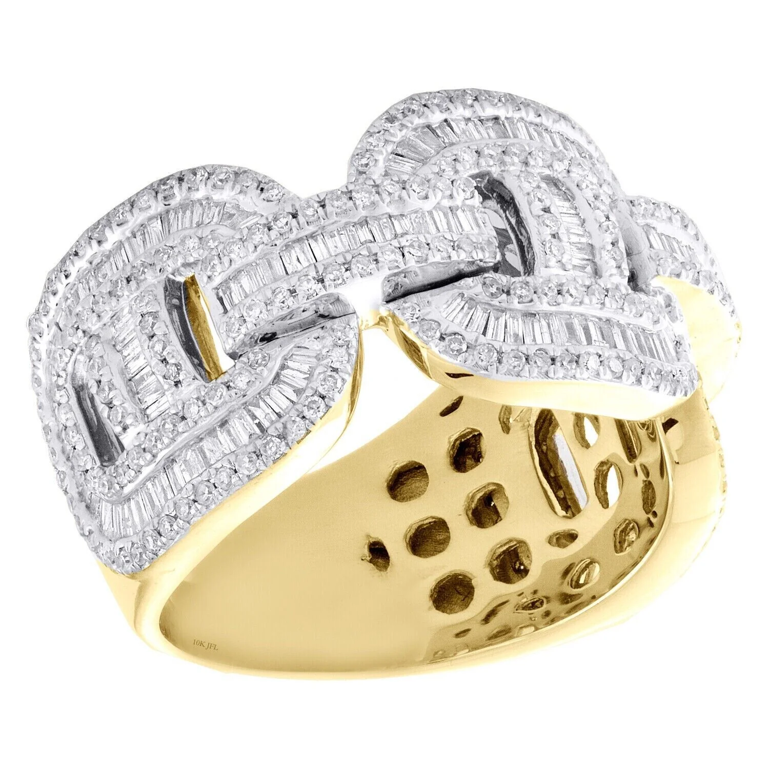 REAL 10K Yellow Gold Round Baguette Diamond Puff Link Cuban Band Ring 1.90CT AMB - Image 3