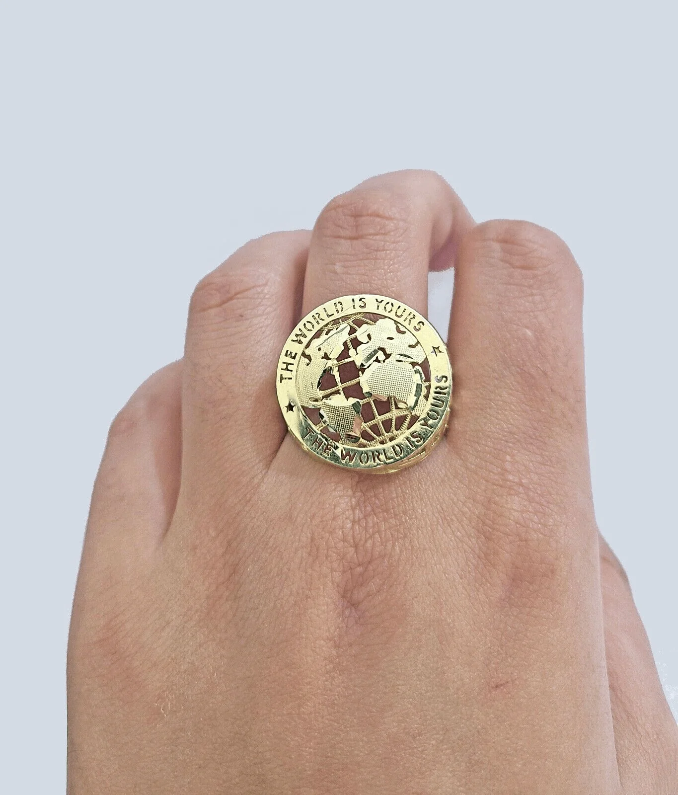 Real 10k Yellow Gold The World Is Yours Globe Ring Band All Sizes - Image 4