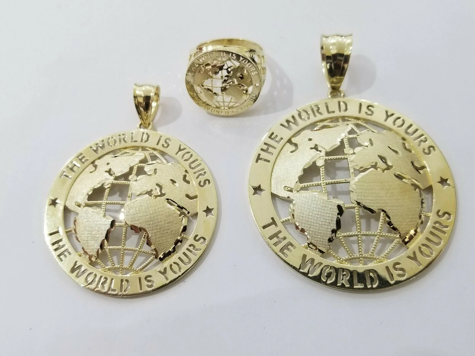 Real 10k Yellow Gold World Map Charm Pendant Ring The World Is Yours Engraved - Image 14