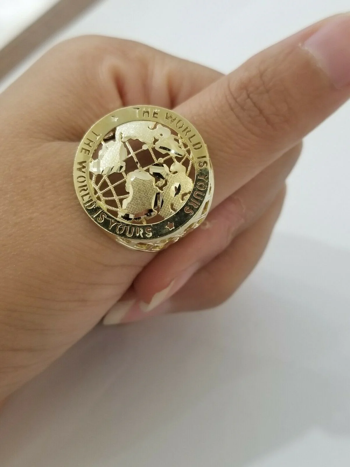 Real 10k Yellow Gold World Map Mens Ring The World Is Yours Engraved Ring Unique - Image 3