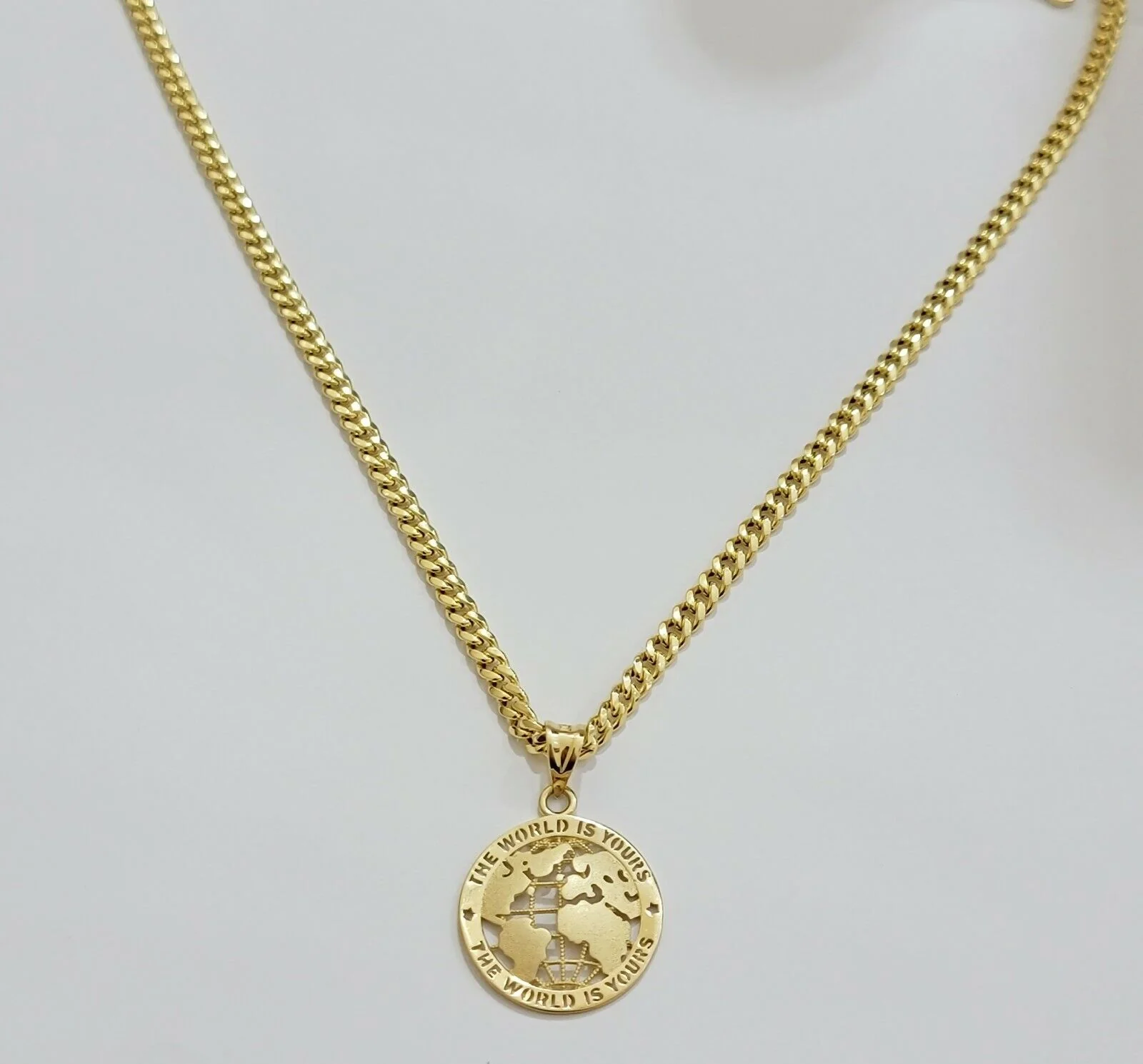 Real 10kt Gold Cuban Link Chain Pendant Set 18" 3.5mm Necklace World Map Charm - Image 9