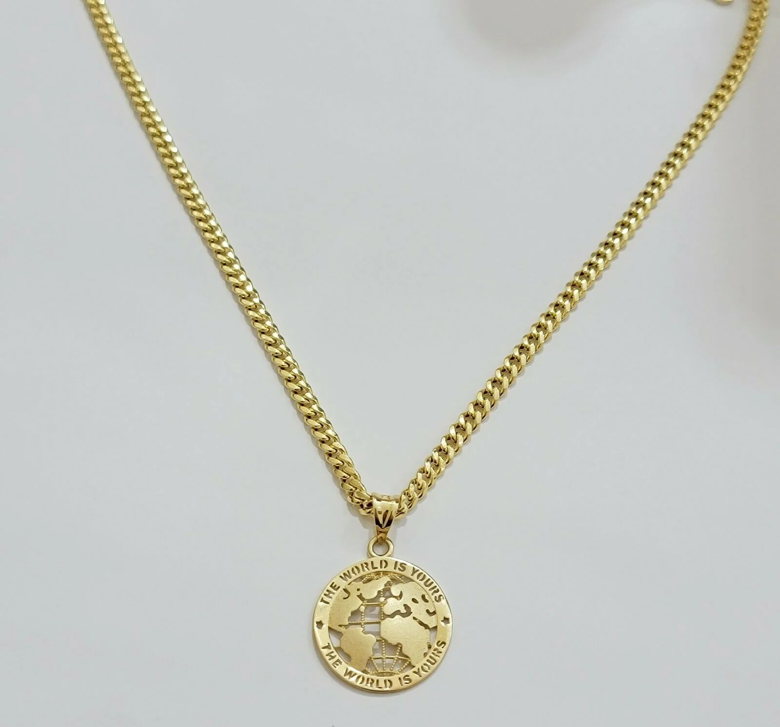 Real 10kt Gold Cuban Link Chain Pendant Set 26" 3.5mm Necklace World Map Charm - Image 2