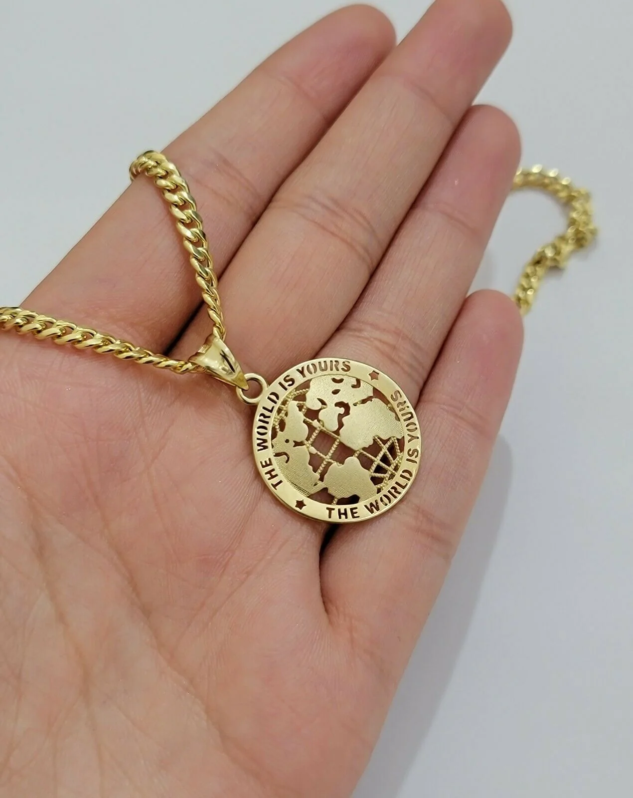 Real 10kt Gold Cuban Link Chain Pendant Set 26" 3.5mm Necklace World Map Charm - Image 4