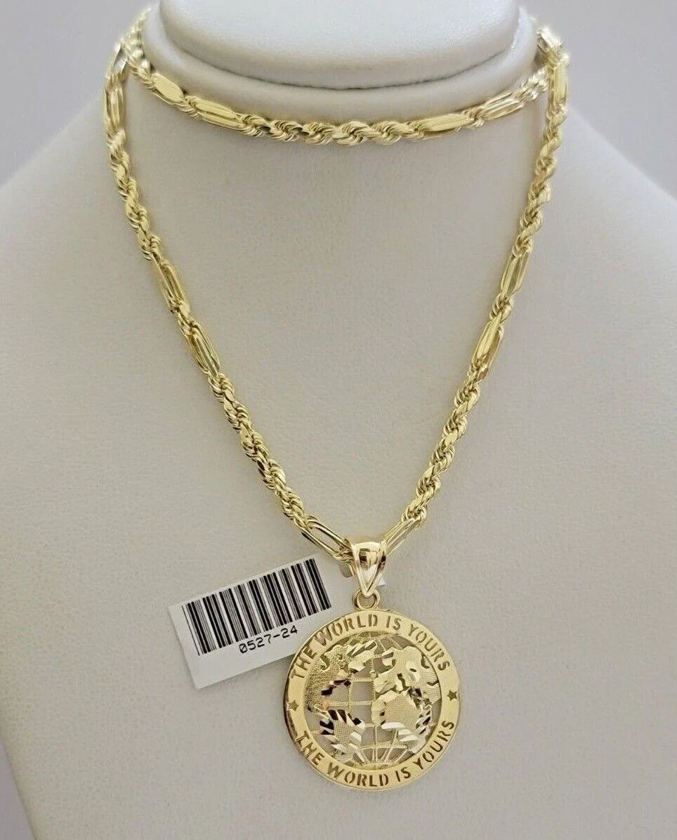 Real 10kt Gold Milano Rope Chain World Map Charm Pendant Set 18-24 Inch Necklace - Image 2