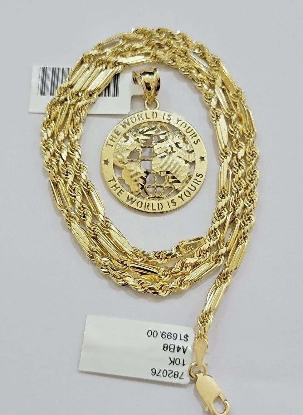 Real 10kt Gold Milano Rope Chain World Map Charm Pendant Set 18-24 Inch Necklace - Image 3