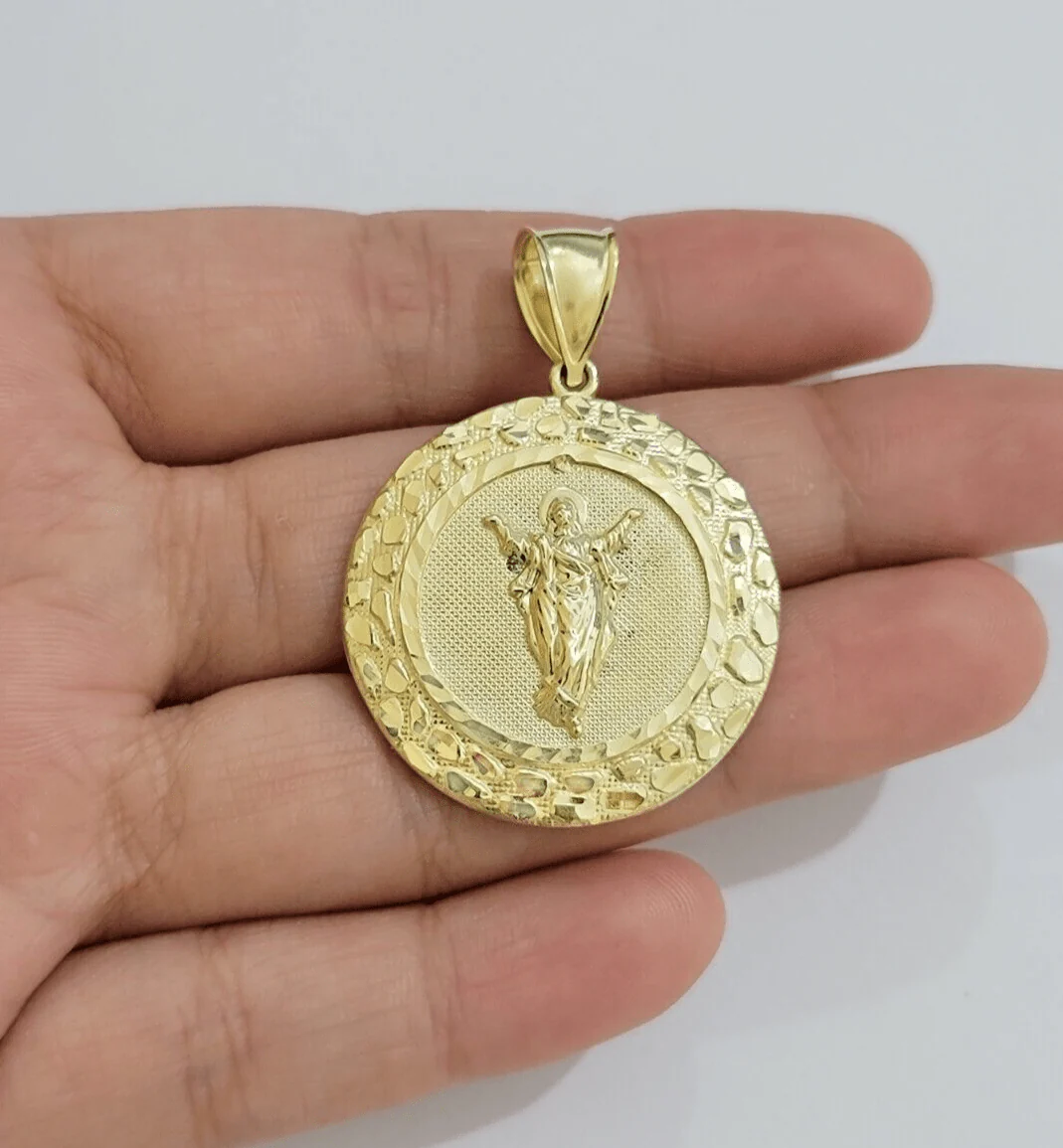 Real 10kt Jesus Circle Charm Pendant 10k Yellow Gold Chain Necklace 1.5 Inch NEW - Image 5