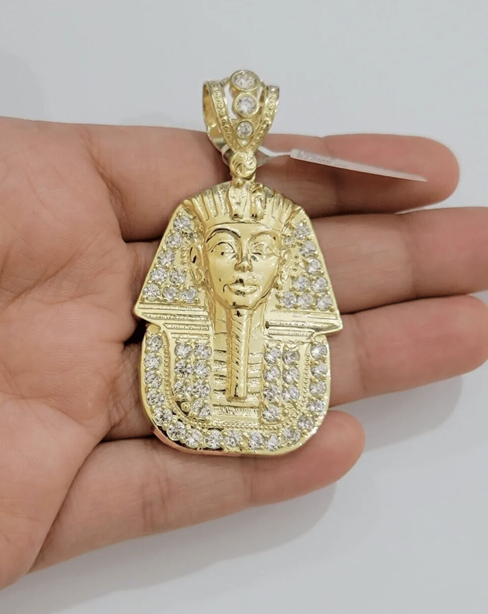 Real 10kt Pharoah Charm Pendant CZ 10k Yellow Gold For Chain Necklace 2.2'' SALE - Image 5