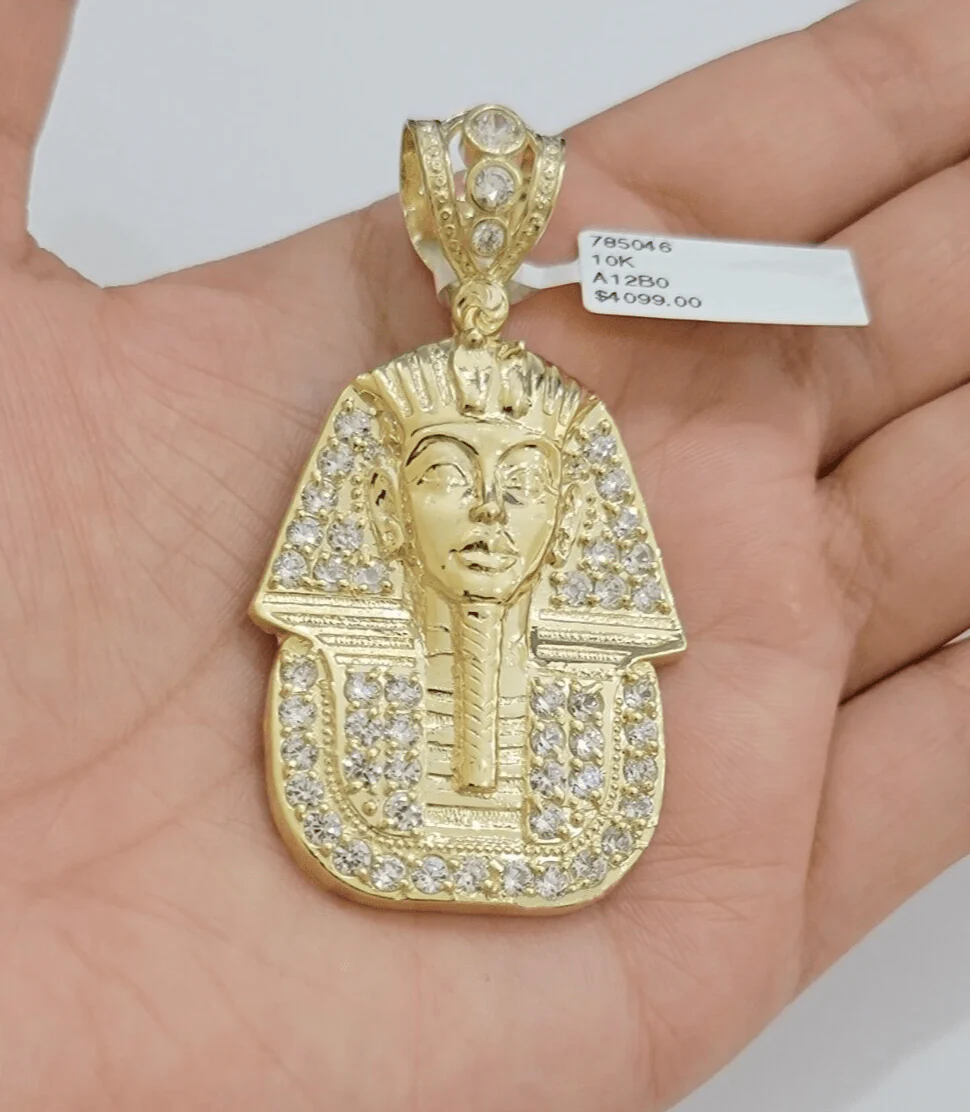 Real 10kt Pharoah Charm Pendant CZ 10k Yellow Gold For Chain Necklace 2.2'' SALE - Image 8