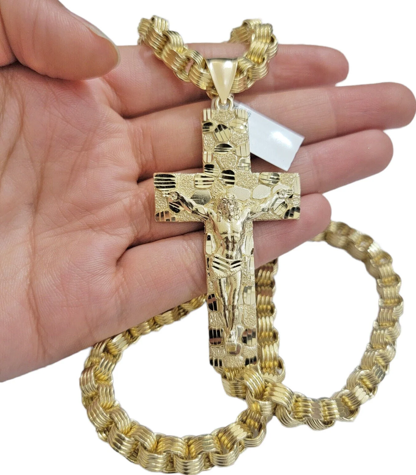 Real 10kt Yellow Gold Chain Pendant Byzantine Necklace Nugget Cross Charm SETS - Image 3