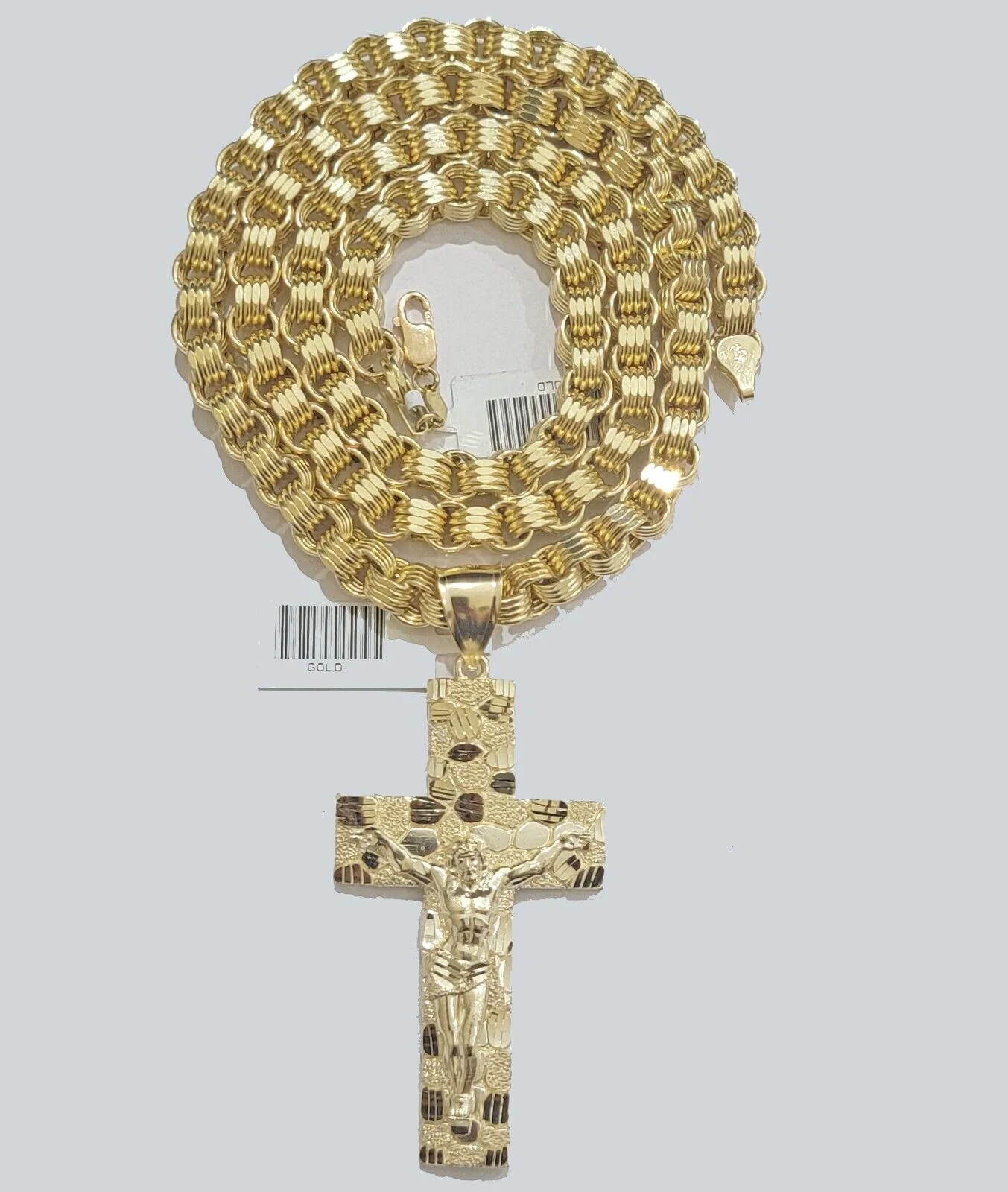Real 10kt Yellow Gold Chain Pendant Byzantine Necklace Nugget Cross Charm SETS - Image 4