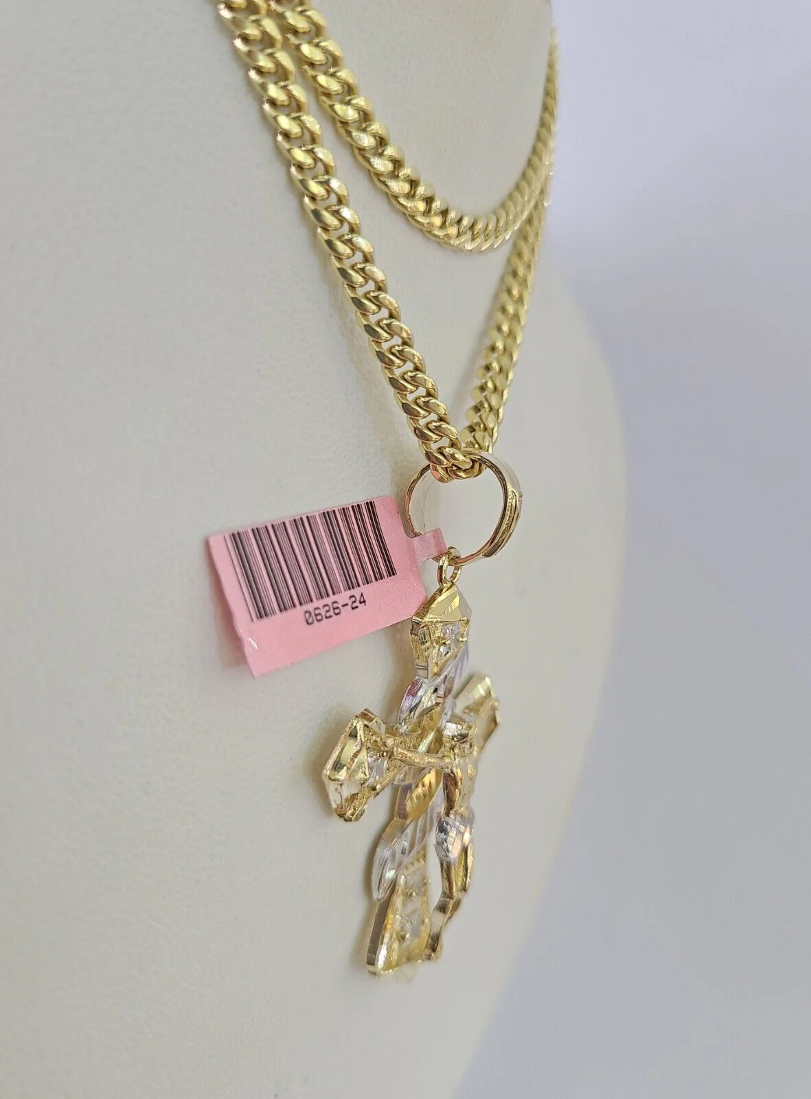 Real 14k Chain Cross Charm Set Miami Cuban Link 4mm Necklace Pendant Yellow Gold - Image 5