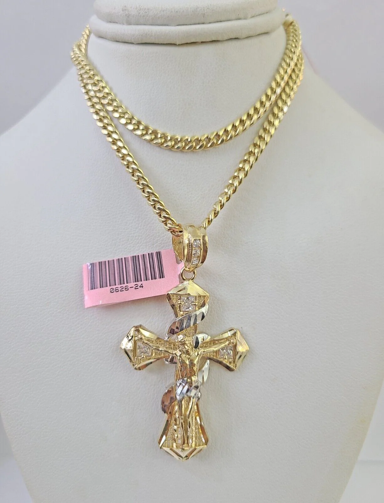 Real 14k Chain Cross Charm Set Miami Cuban Link 4mm Necklace Pendant Yellow Gold - Image 6