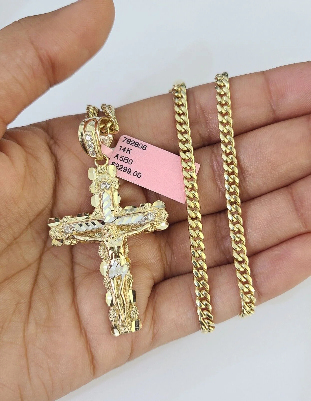 Real 14k Chain Cross Charm Set Miami Cuban Link 4mm Necklace Pendant Yellow Gold - Image 3