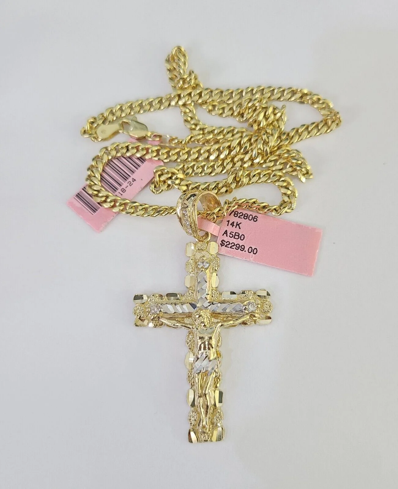 Real 14k Chain Cross Charm Set Miami Cuban Link 4mm Necklace Pendant Yellow Gold - Image 4
