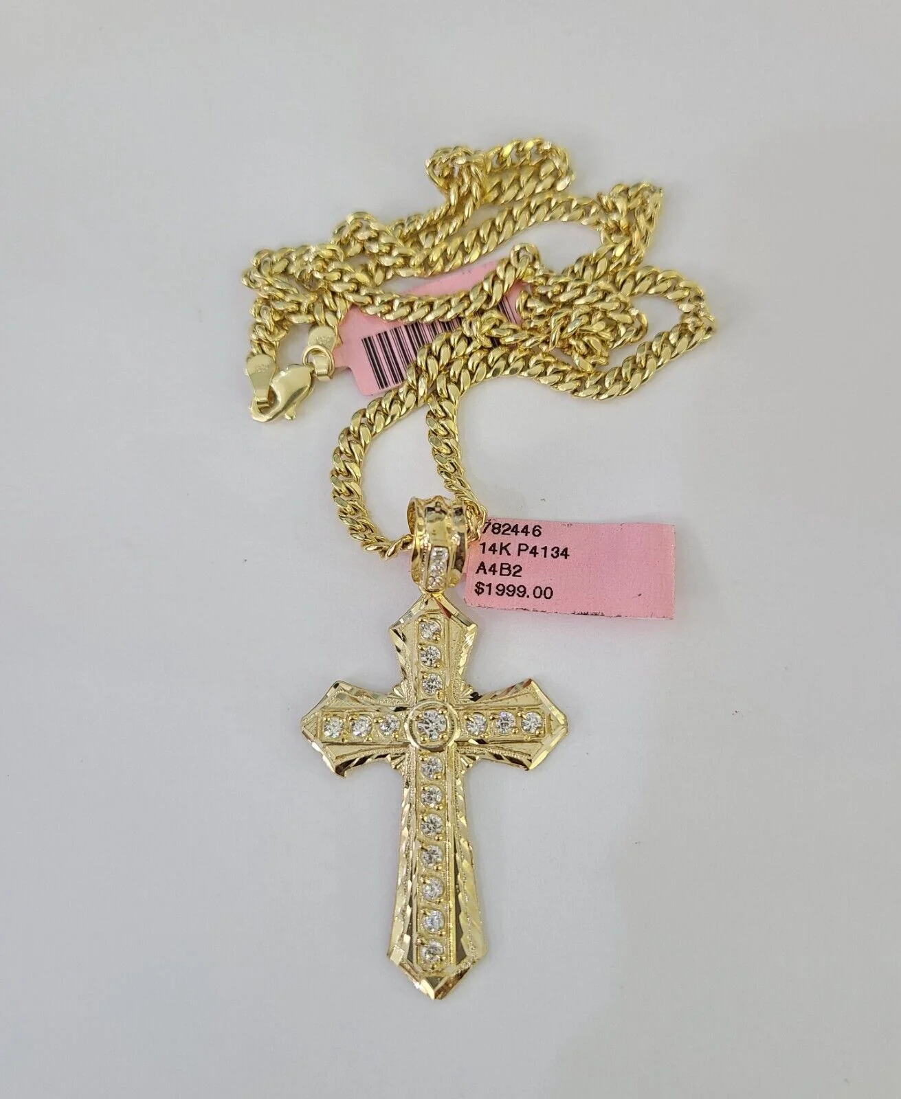 Real 14k Chain Cross Charm Set Miami Cuban Link 4mm Necklace Pendant Yellow Gold - Image 2
