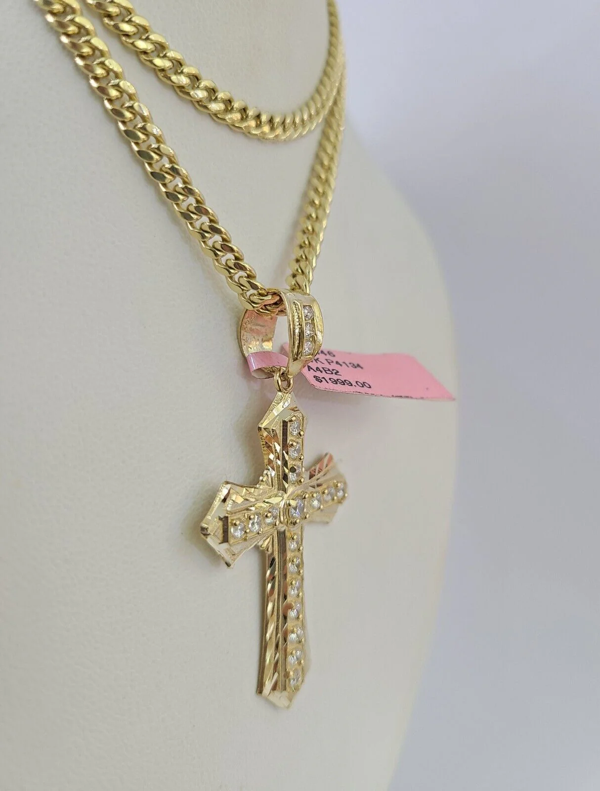 Real 14k Chain Cross Charm Set Miami Cuban Link 4mm Necklace Pendant Yellow Gold - Image 5