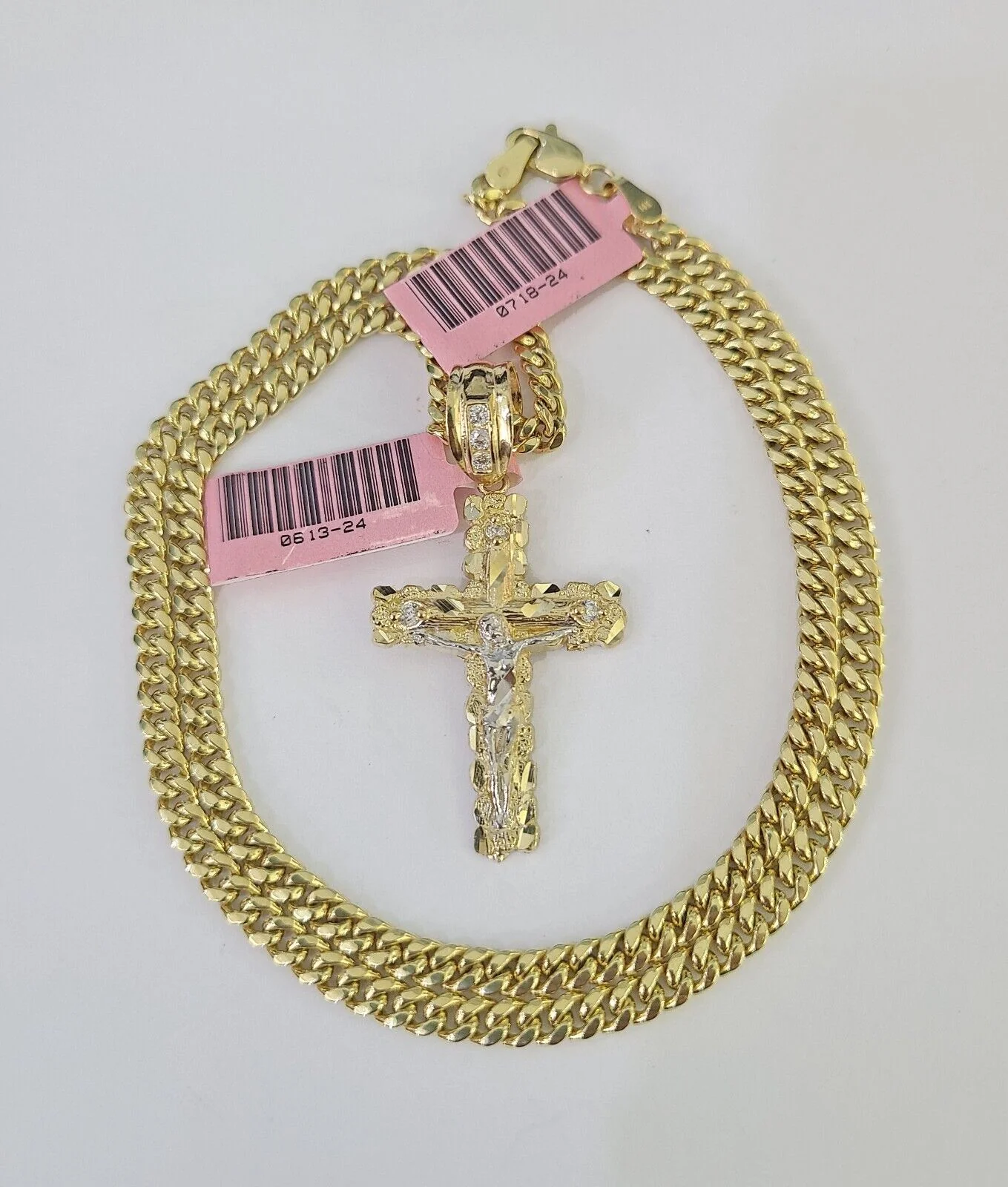 Real 14k Chain Cross Charm Set Miami Cuban Link 4mm Necklace Pendant Yellow Gold - Image 2