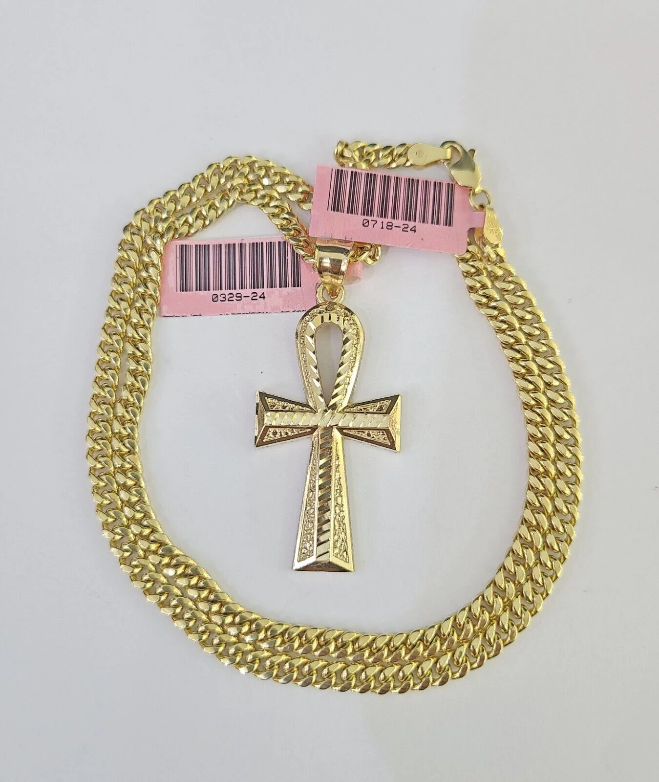 Real 14k Chain Cross Charm Set Miami Cuban Link 4mm Necklace Pendant Yellow Gold - Image 2