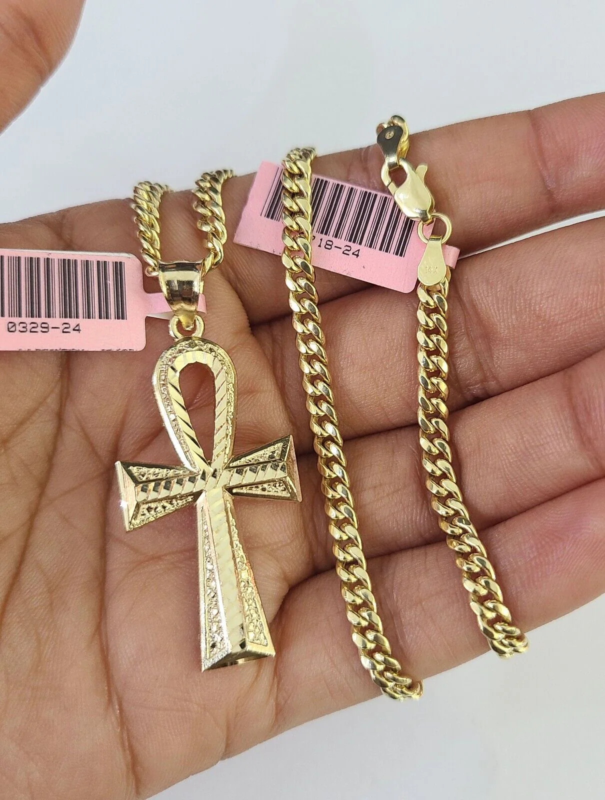 Real 14k Chain Cross Charm Set Miami Cuban Link 4mm Necklace Pendant Yellow Gold - Image 3