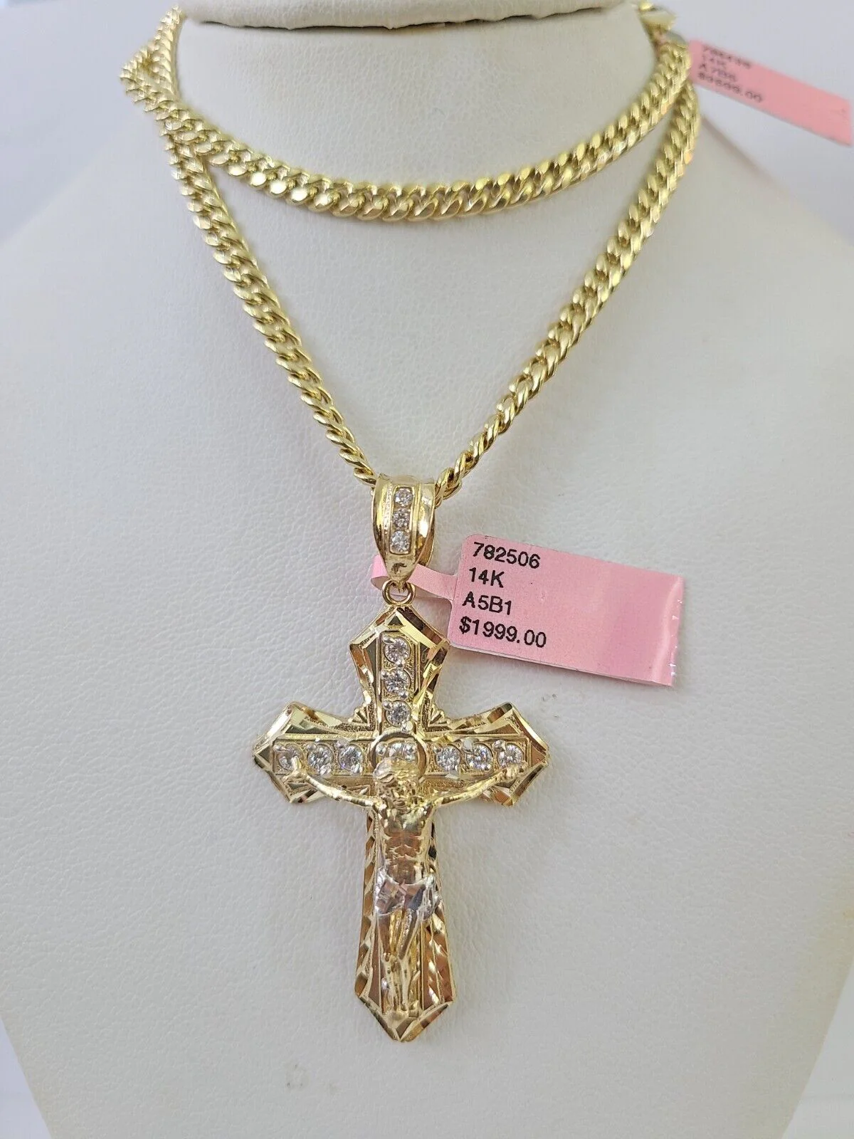 Real 14k Chain Cross Charm Set Miami Cuban Link 4mm Necklace Pendant Yellow Gold - Image 5