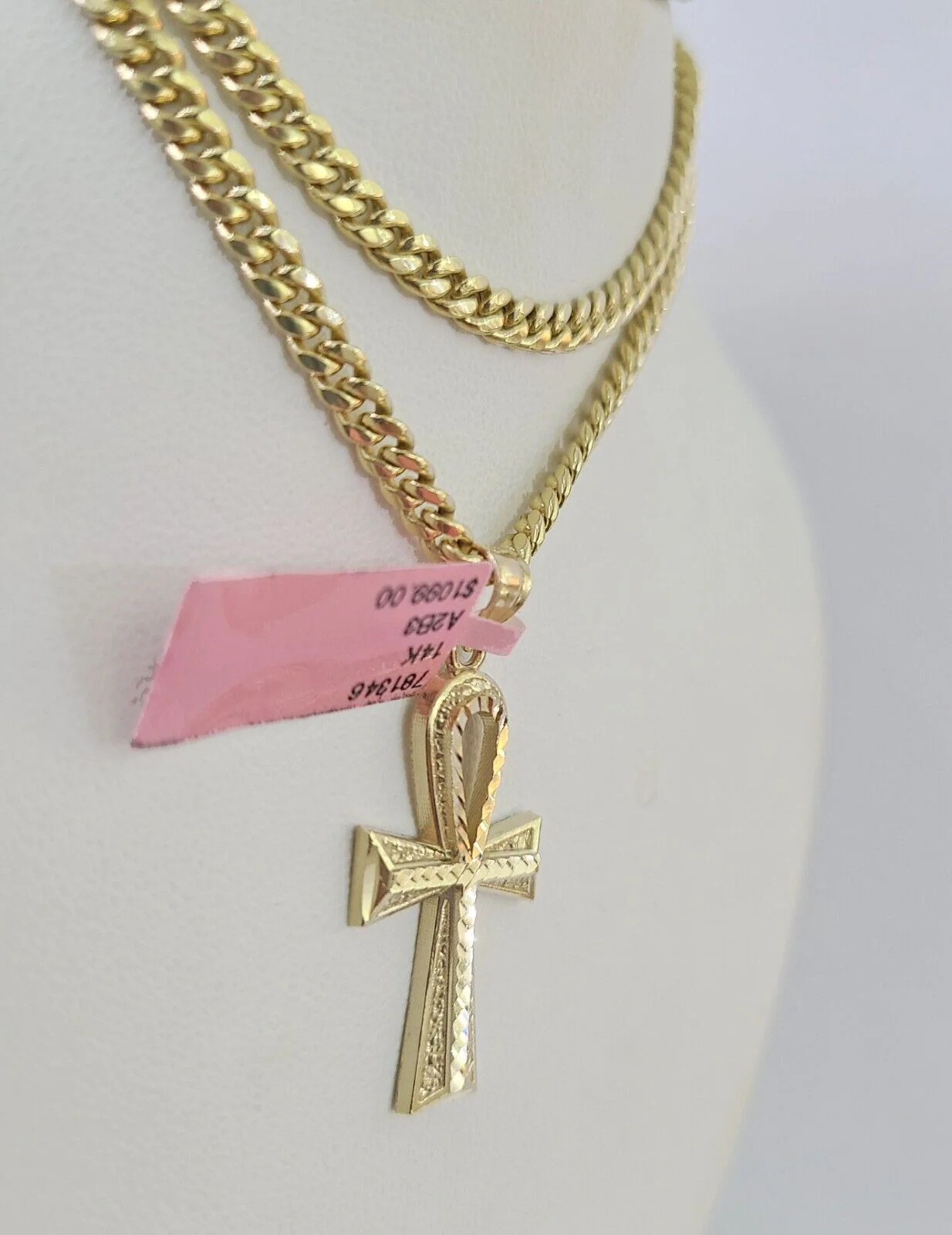 Real 14k Chain Cross Charm Set Miami Cuban Link 4mm Necklace Pendant Yellow Gold - Image 2