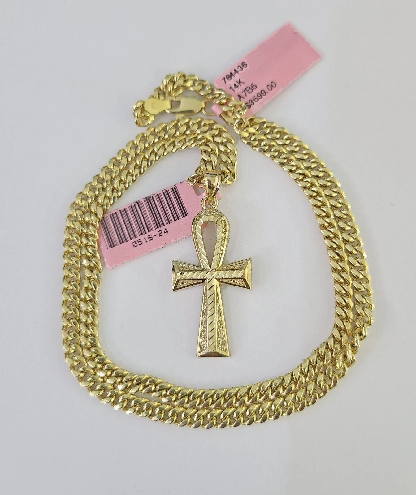 Real 14k Chain Cross Charm Set Miami Cuban Link 4mm Necklace Pendant Yellow Gold - Image 3