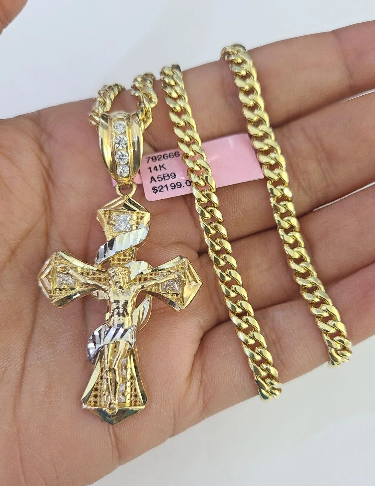 Real 14k Chain Cross Charm Set Miami Cuban Link 5mm 18"-30" Necklace Pendant - Image 4