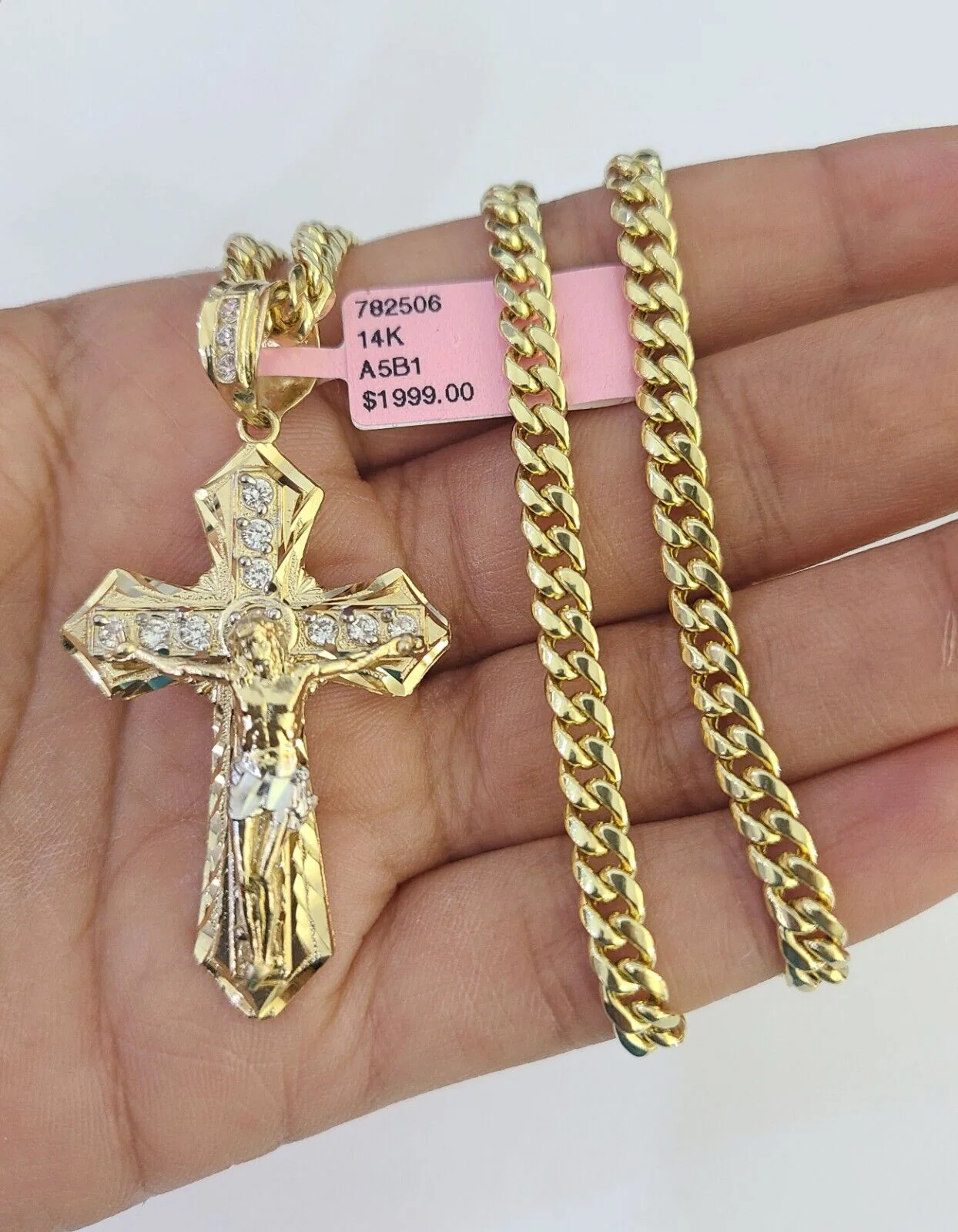 Real 14k Chain Cross Charm Set Miami Cuban Link 5mm 18"-30" Necklace Pendant - Image 4