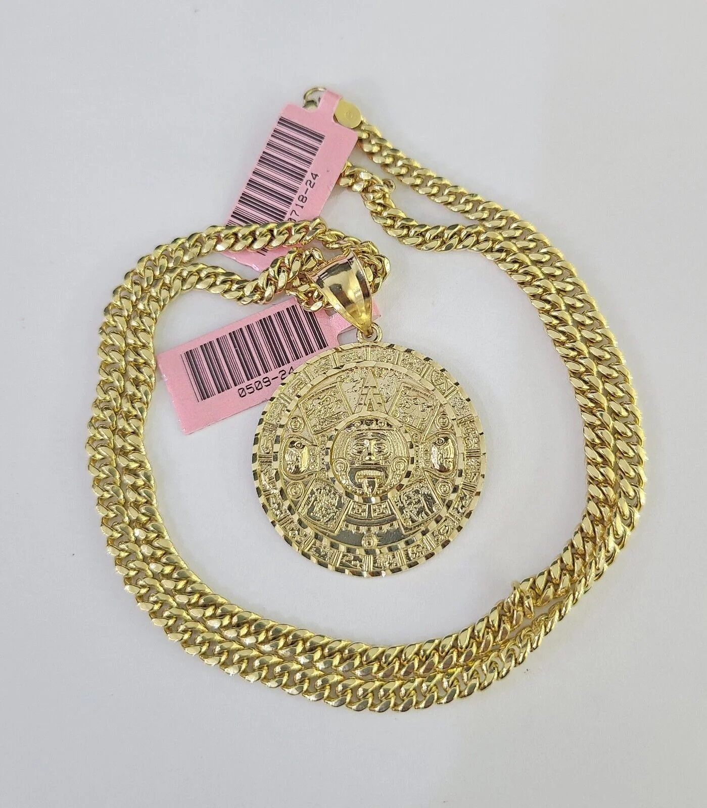 Real 14k Chain Mayan Calendar Charm Set Miami Cuban Link 4mm Necklace Pendant - Image 3