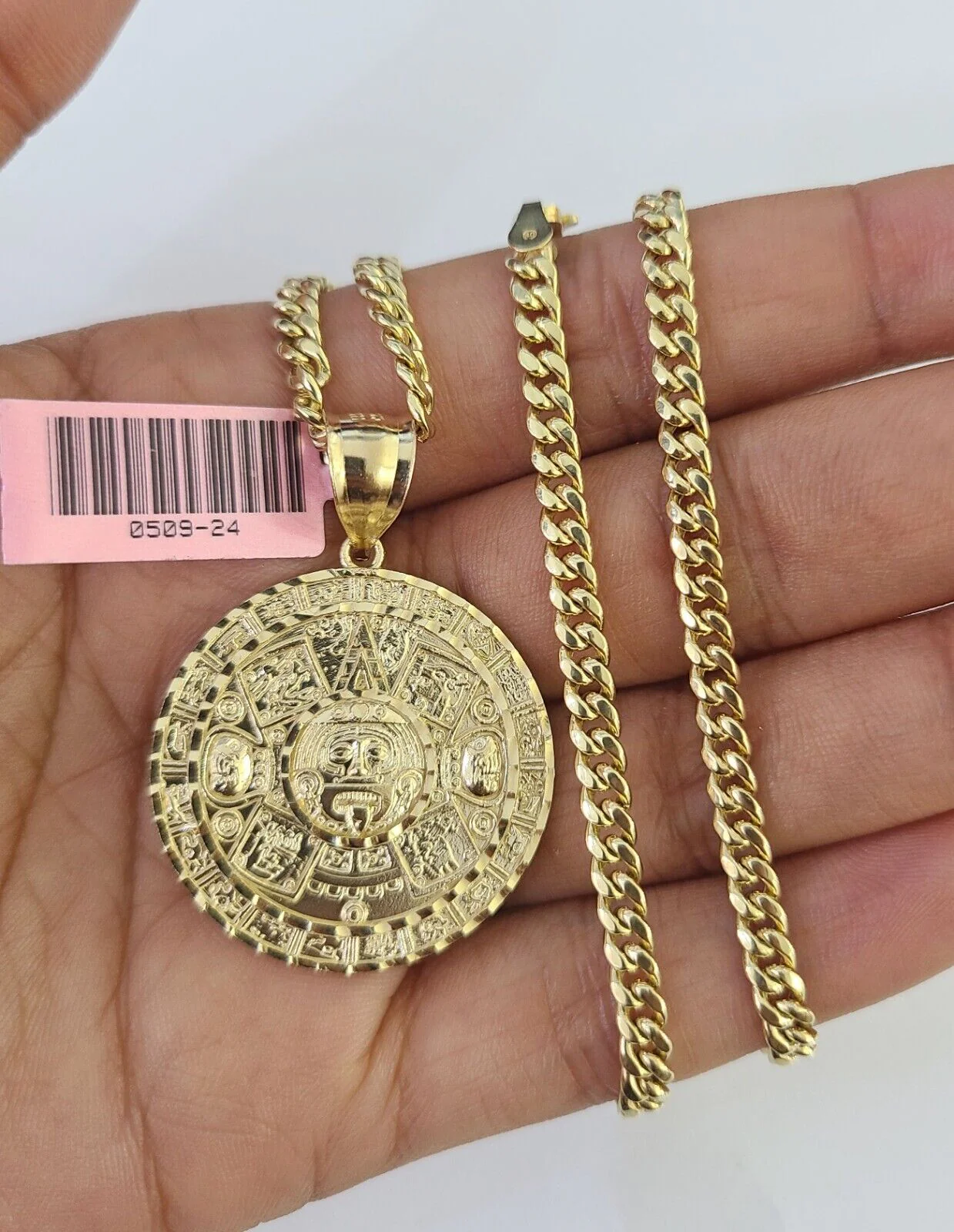 Real 14k Chain Mayan Calendar Charm Set Miami Cuban Link 4mm Necklace Pendant - Image 6