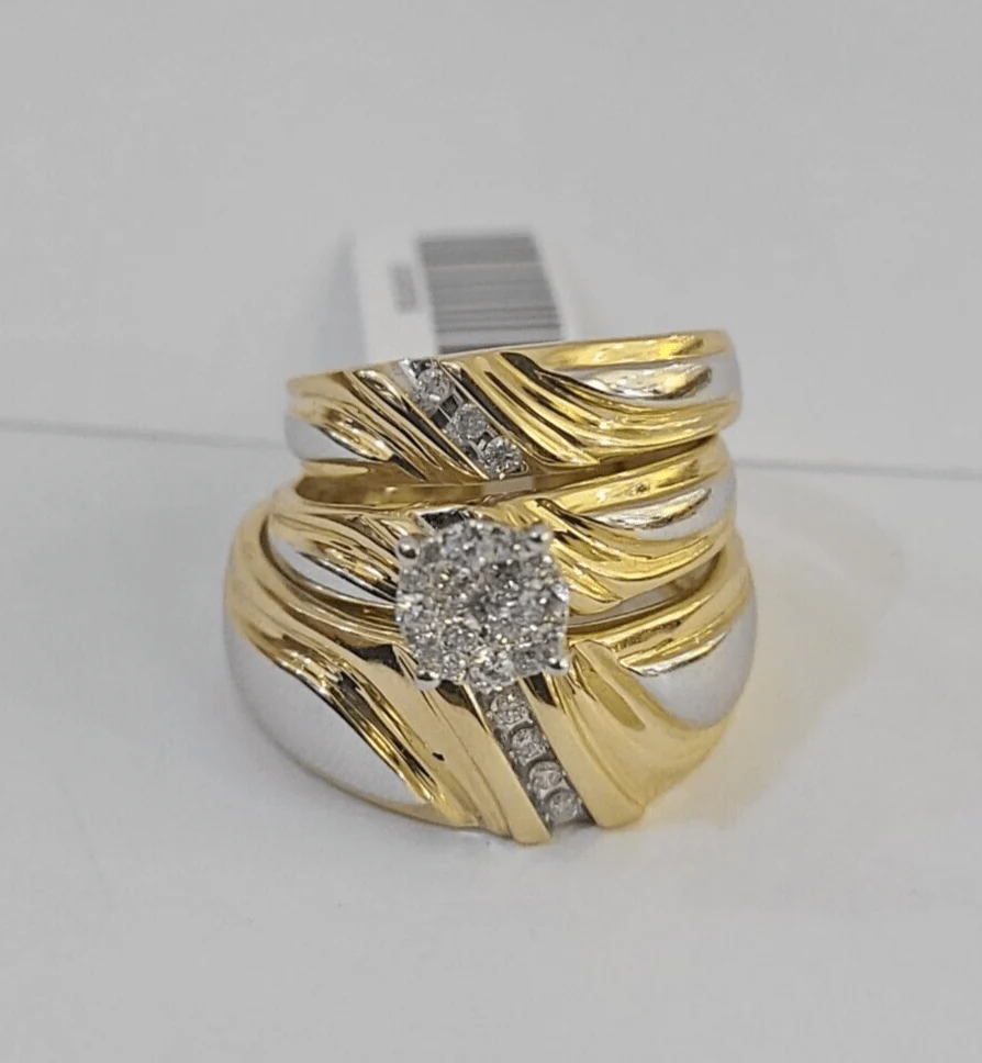 REAL 14k Diamond Ring Yellow Gold Ladies Men Trio SET Wedding Engagement Genuine - Image 3
