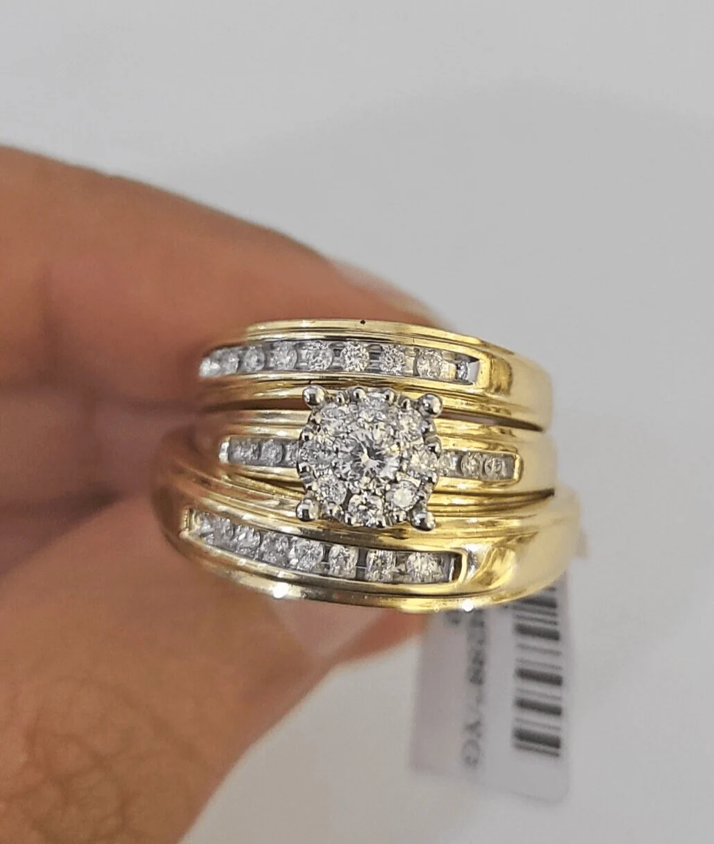 REAL 14k Diamond Ring Yellow Gold Ladies Men Trio SET Wedding Engagement Genuine - Image 2