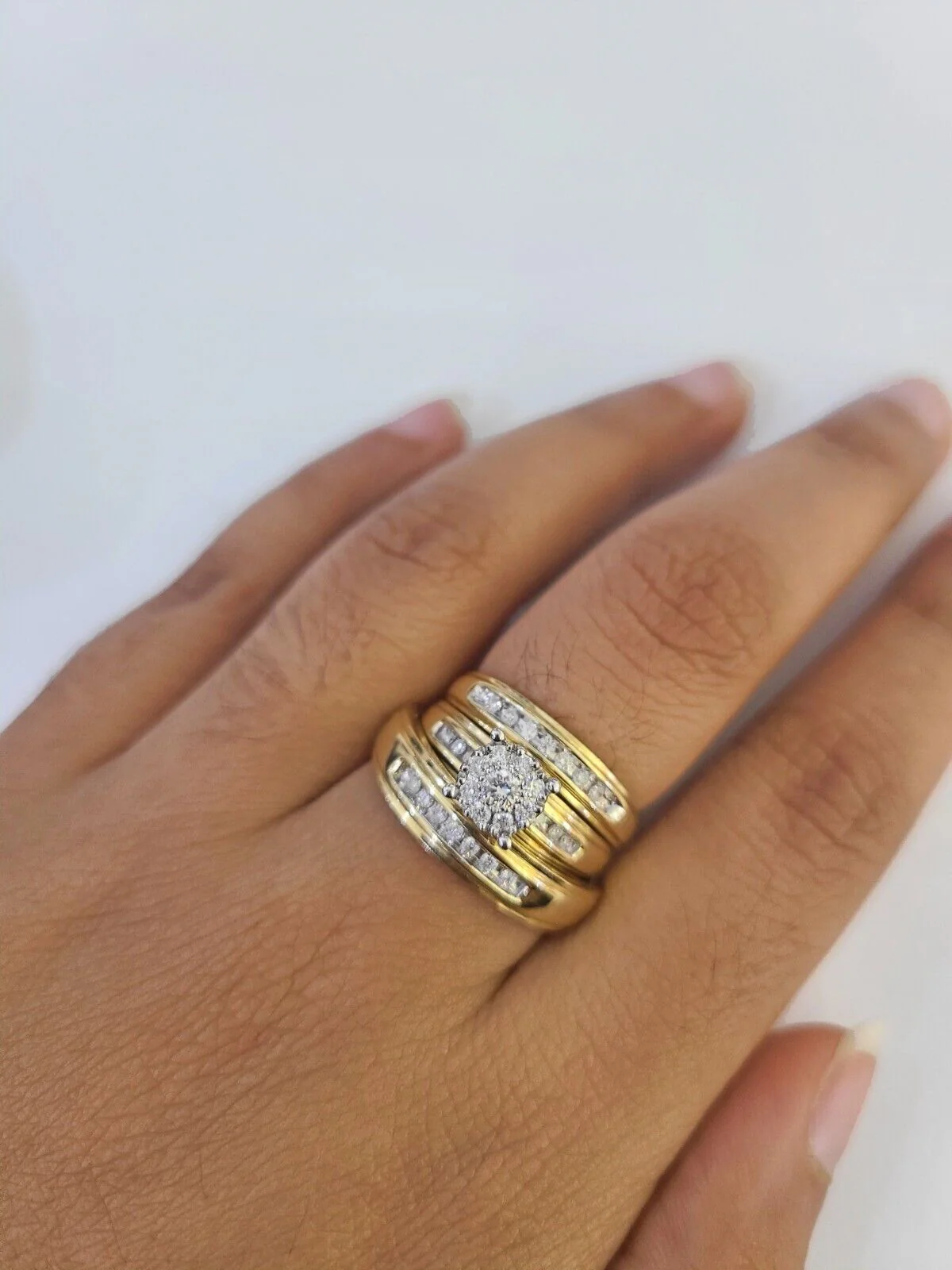 REAL 14k Diamond Ring Yellow Gold Ladies Men Trio SET Wedding Engagement Genuine - Image 5