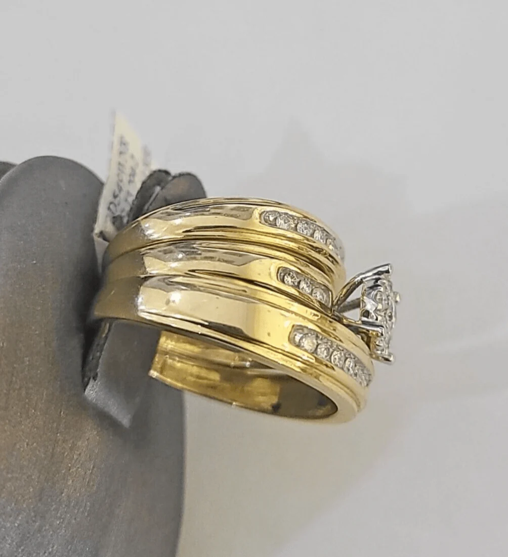 REAL 14k Diamond Ring Yellow Gold Ladies Men Trio SET Wedding Engagement Genuine - Image 7