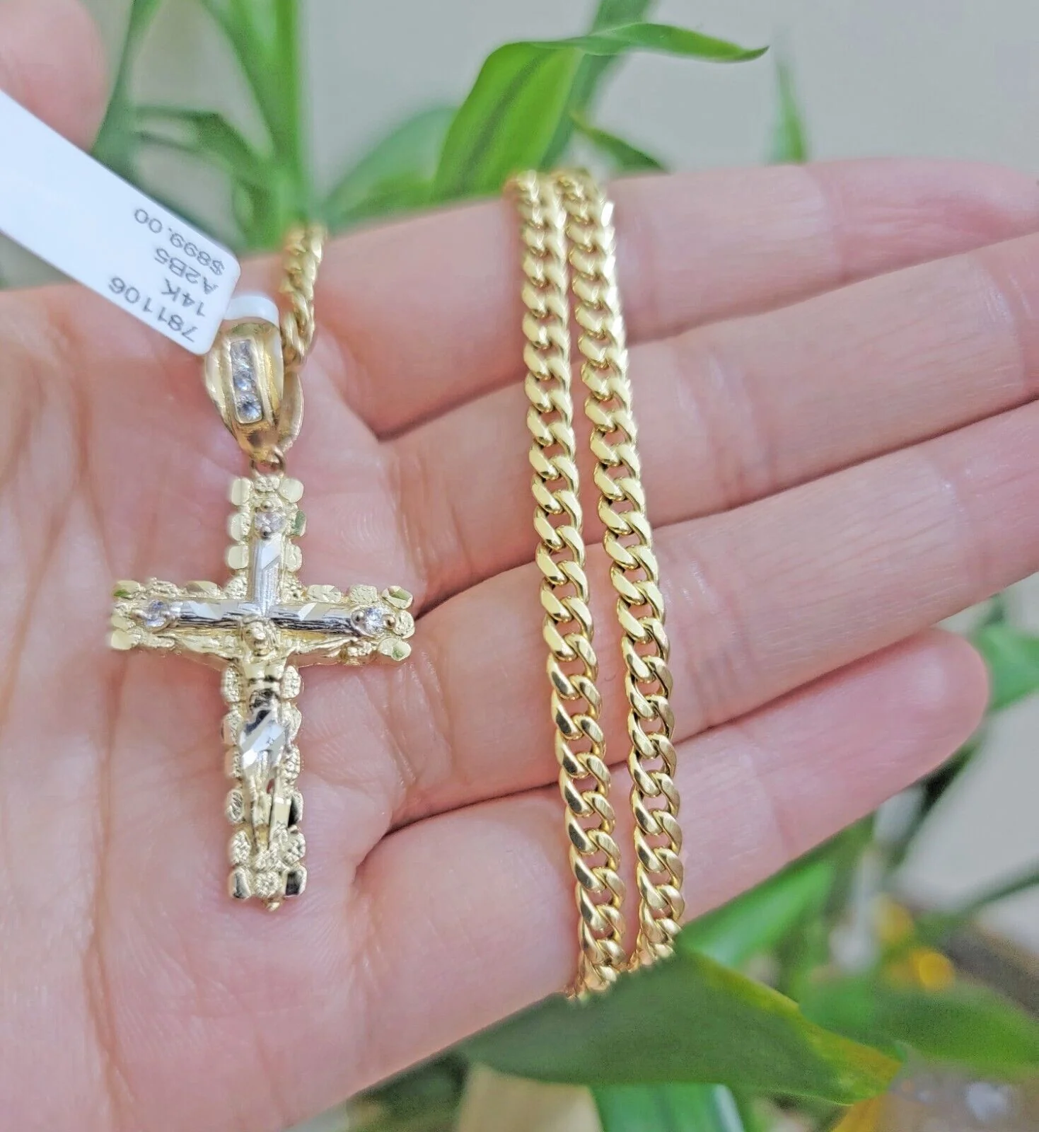 Real 14k Gold Chain & Cross pendant Set 14kt Miami Cuban Link Chain 4mm & Cham - Image 2