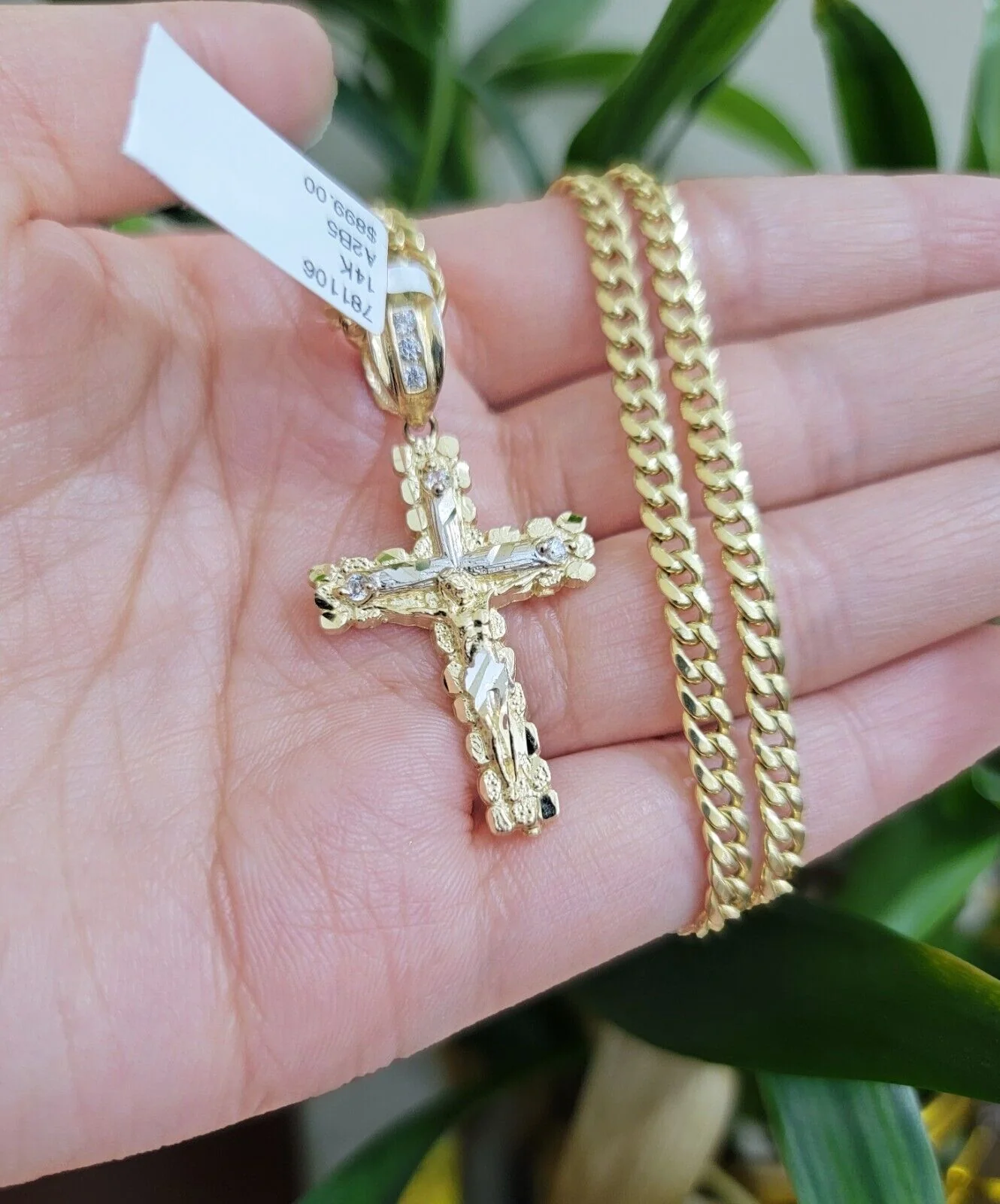 Real 14k Gold Chain & Cross pendant Set 14kt Miami Cuban Link Chain 4mm & Cham - Image 4
