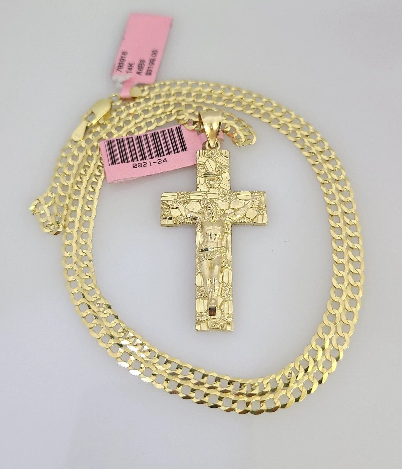 Real 14k Gold Chain Jesus Cross Pendant Set 14kt Cuban Curb Chain 4mm Charm - Image 3