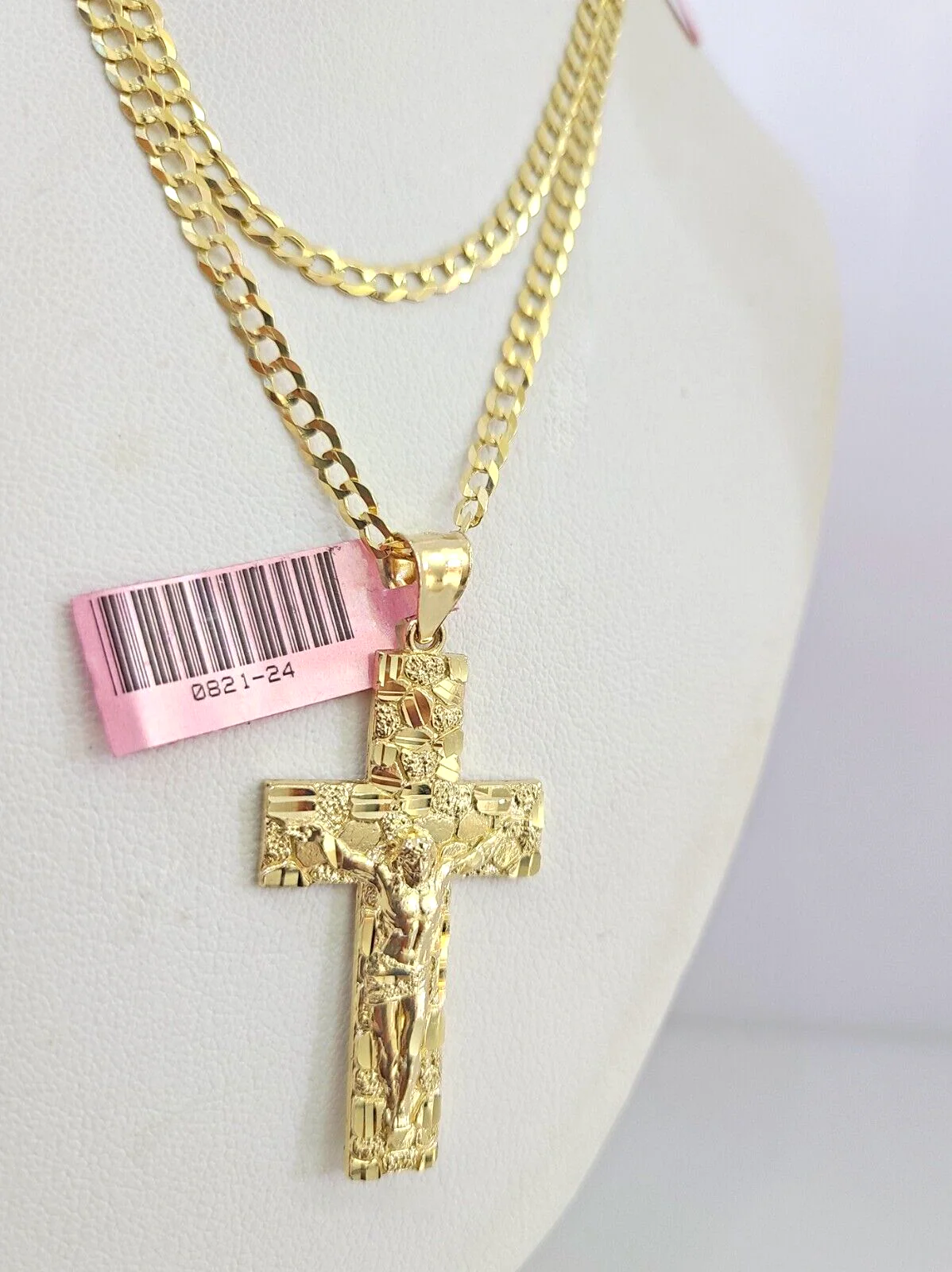 Real 14k Gold Chain Jesus Cross Pendant Set 14kt Cuban Curb Chain 4mm Charm - Image 4