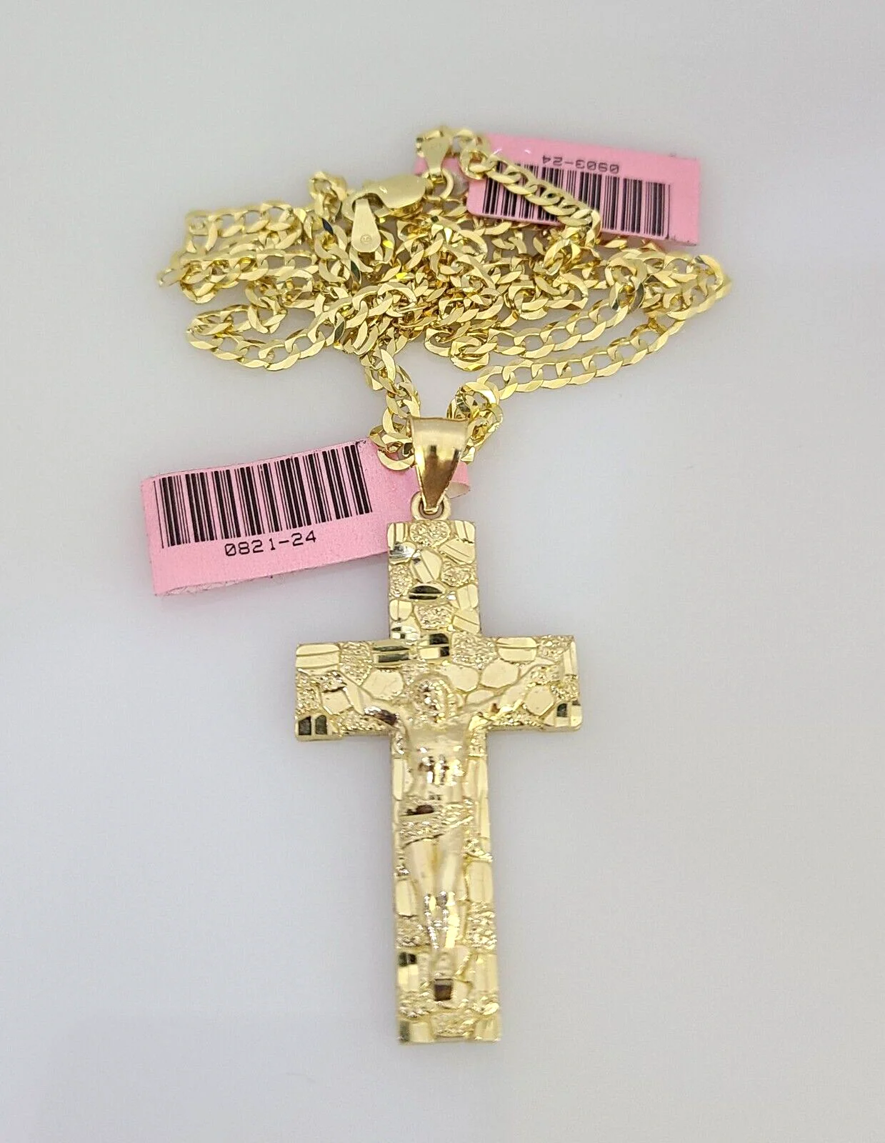 Real 14k Gold Chain Jesus Cross Pendant Set 14kt Cuban Curb Chain 4mm Charm - Image 5