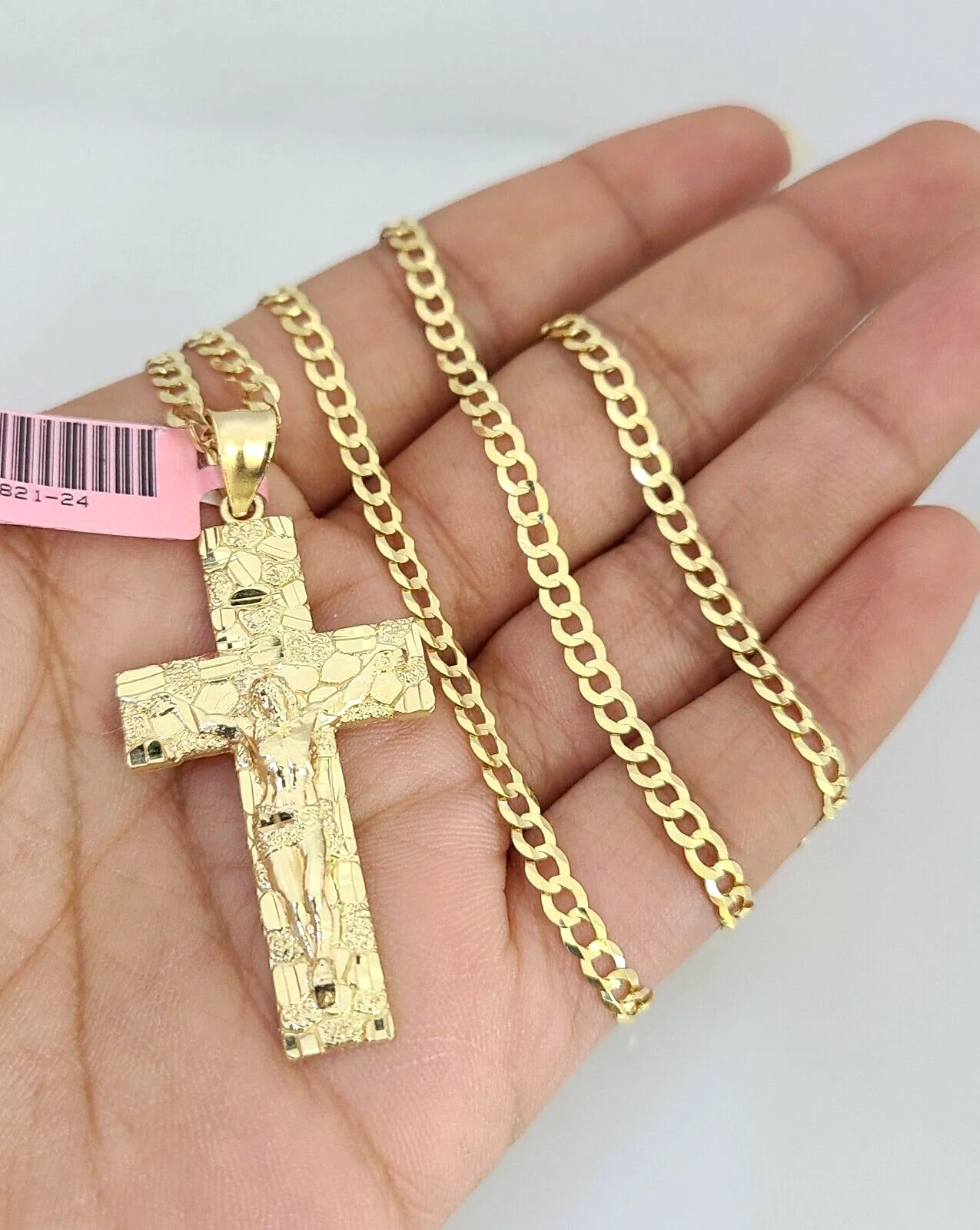 Real 14k Gold Chain Jesus Cross Pendant Set 14kt Cuban Curb Chain 4mm Charm - Image 6