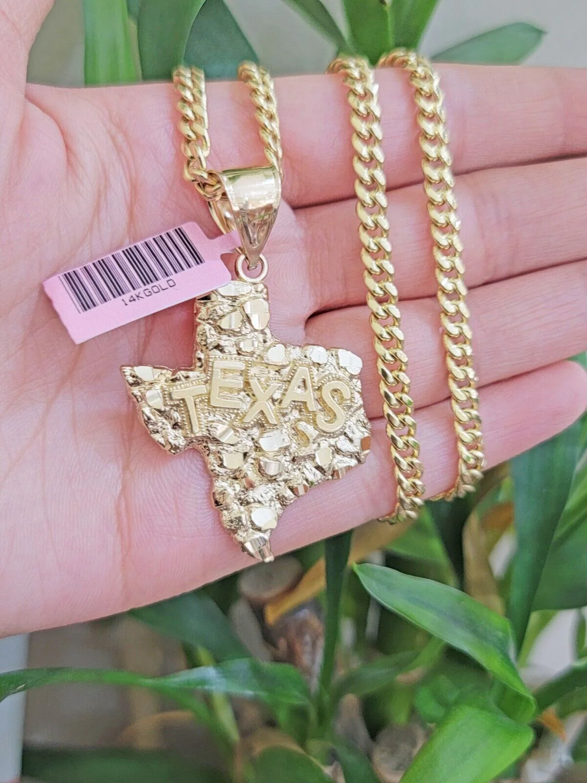 Real 14k Gold Charm Nugget Texas map pendant &14K Miami Cuban Chain Necklace Set - Image 4