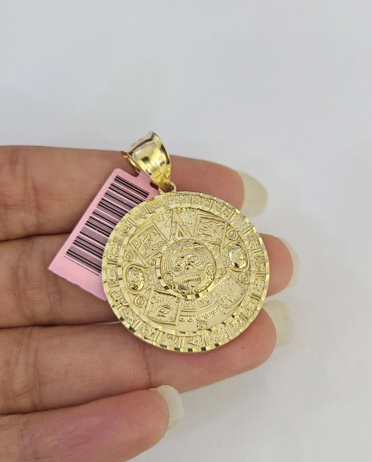 Real 14k Gold Charm Pendant Aztec Mayan Calendar 1.5" Round Style 14k - Image 2