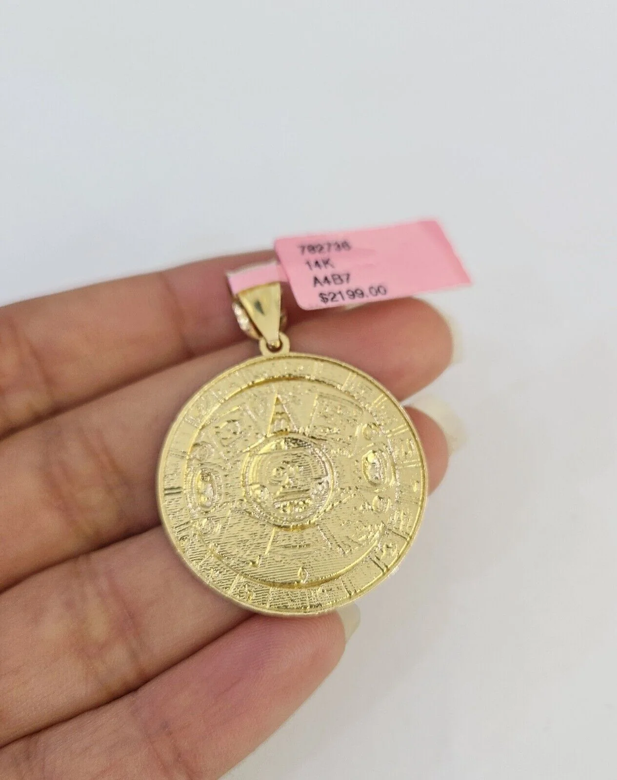 Real 14k Gold Charm Pendant Aztec Mayan Calendar 1.5" Round Style 14k - Image 5