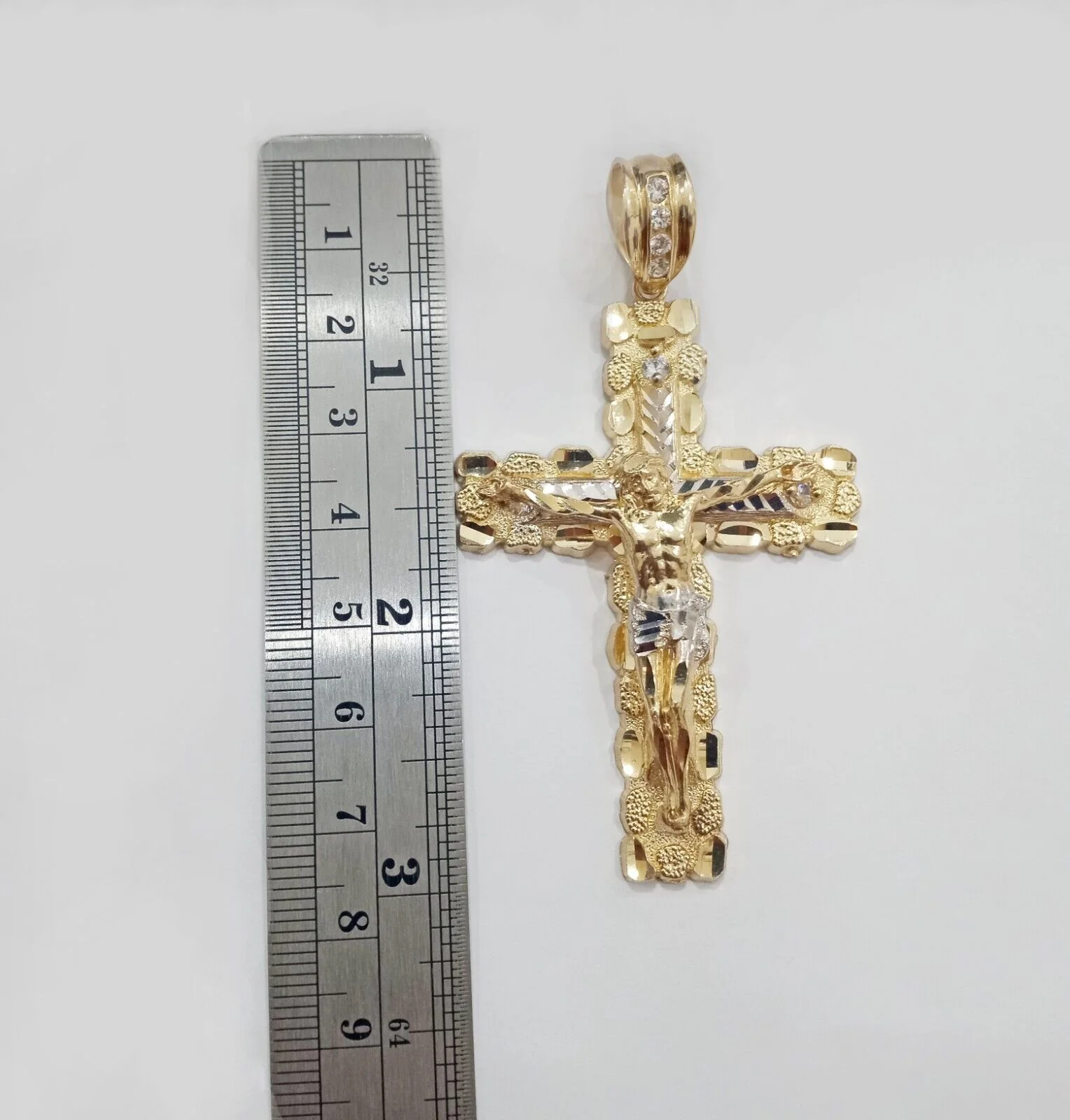 Real 14k Gold Jesus Nugget Cross Charm Pendant 2.9" inch 14kt Yellow Gold - Image 6