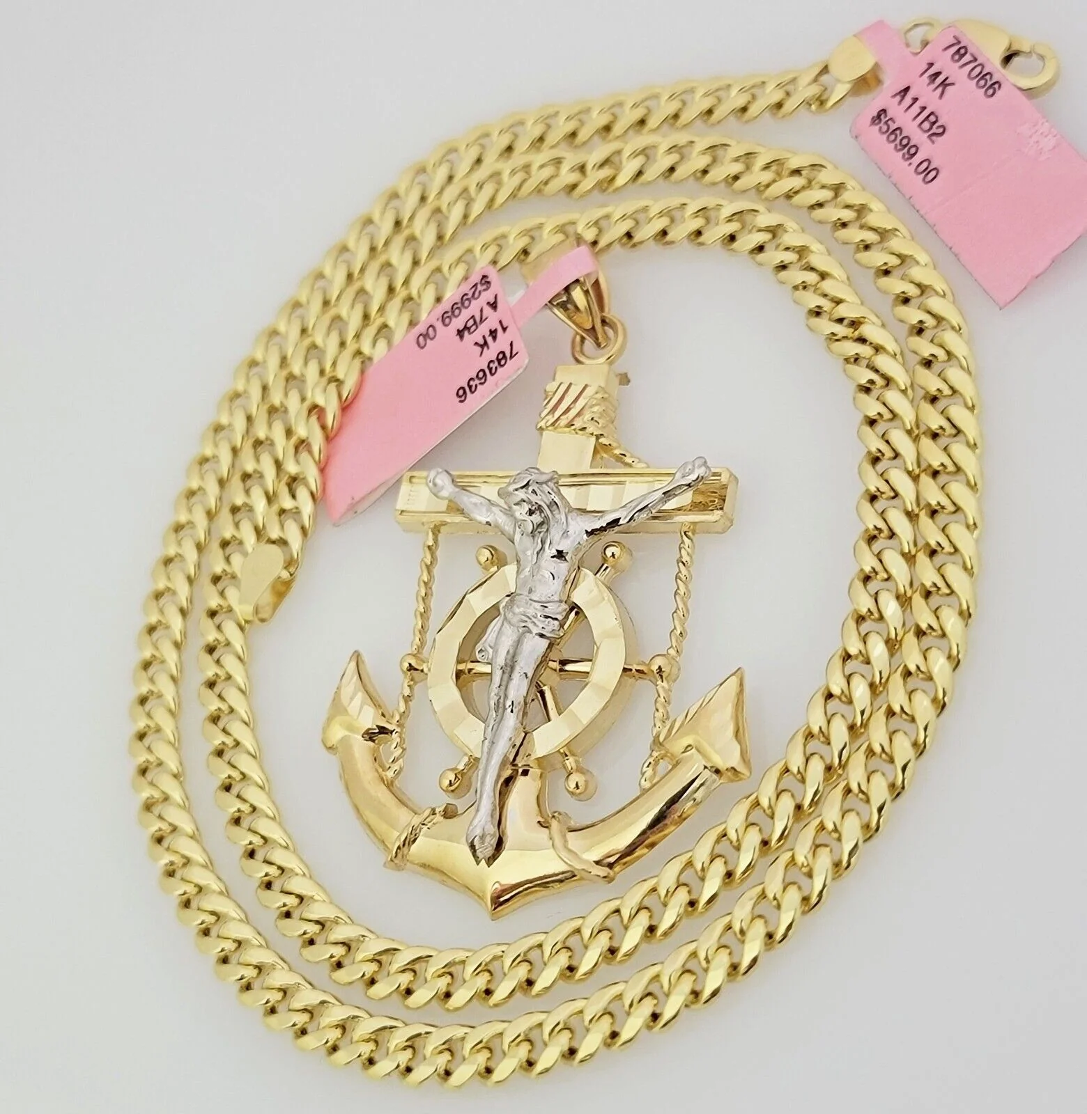 Real 14k Gold Miami Cuban Link Chain Jesus Anchor Charm Pendant SET 5mm Necklace - Image 4