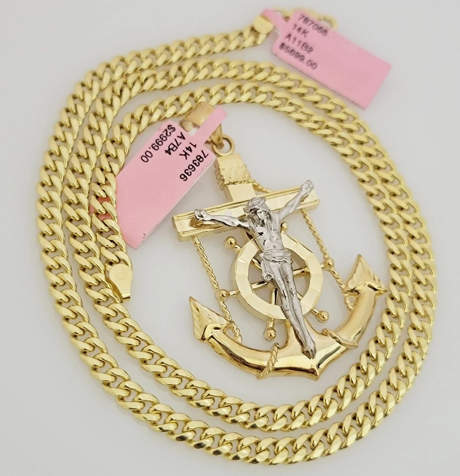 Real 14k Gold Miami Cuban Link Chain Jesus Anchor Charm Pendant SET 5mm Necklace - Image 6