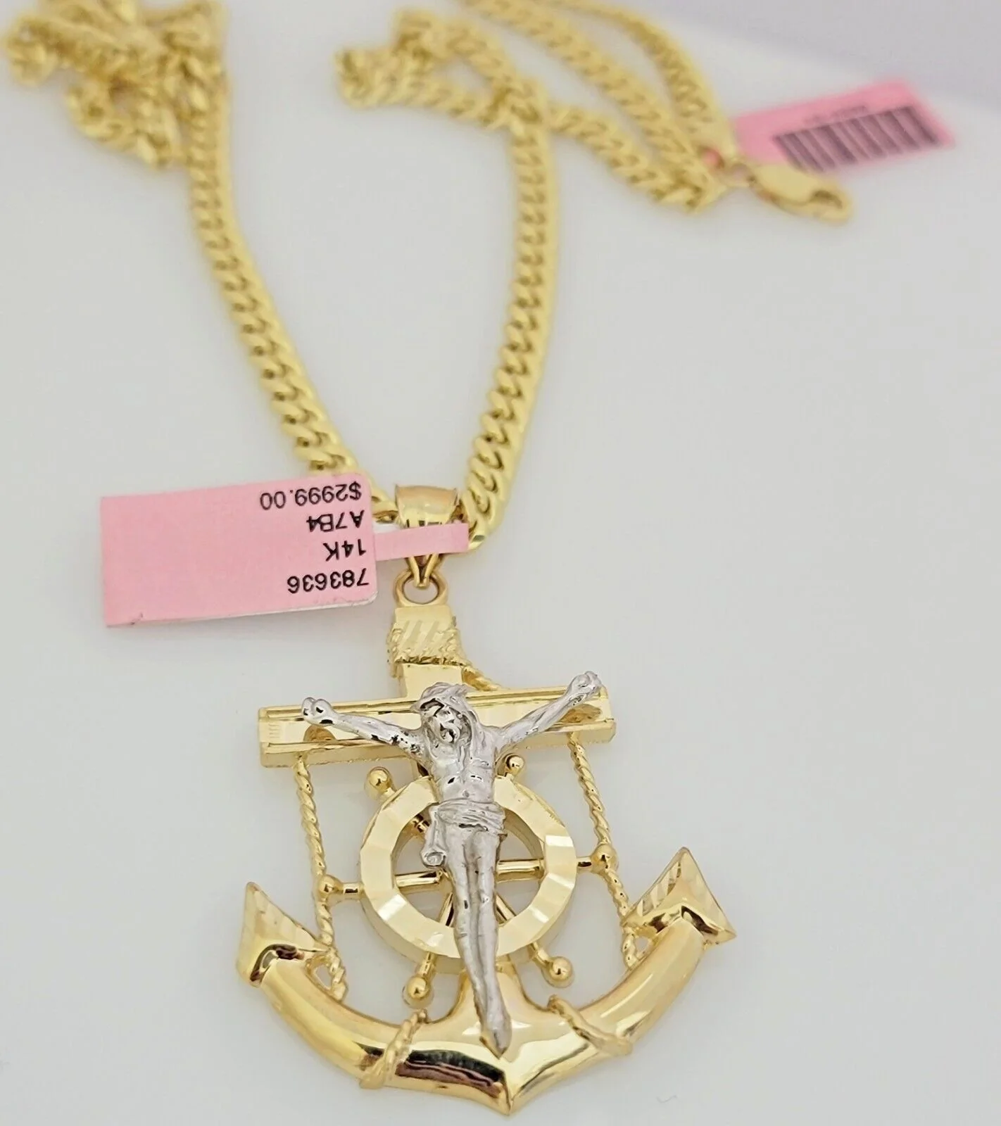 Real 14k Gold Miami Cuban Link Chain Jesus Anchor Charm Pendant SET 5mm Necklace - Image 7